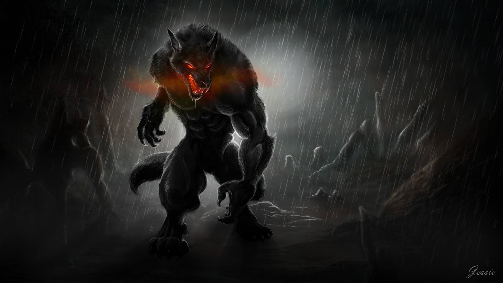 Lupo mannaro, Pioggia, Notte, Arte digitale, Full HD, sfondo per PC e portatile