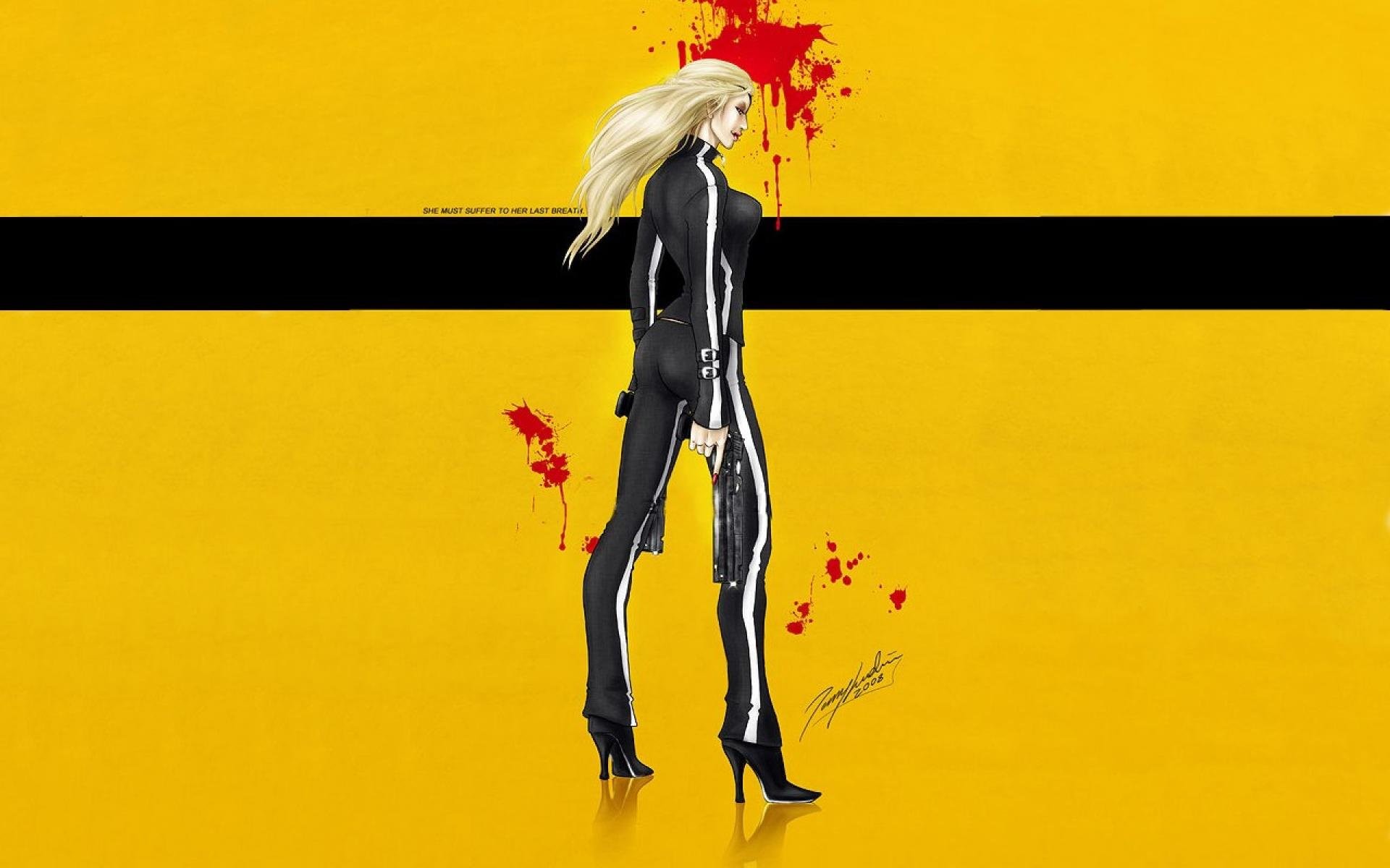 Kill Bill, Elle Driver, Schizzi di sangue, Sfondo giallo, 1920x1200, wallpaper desktop