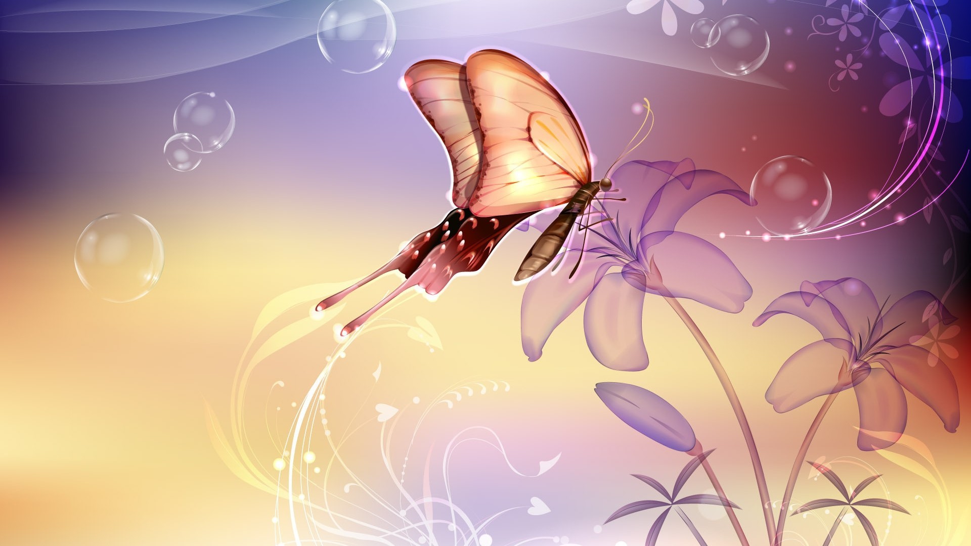 Farfalla, Fiori, Arte digitale, Colori pastello, 1920x1080, sfondo per PC
