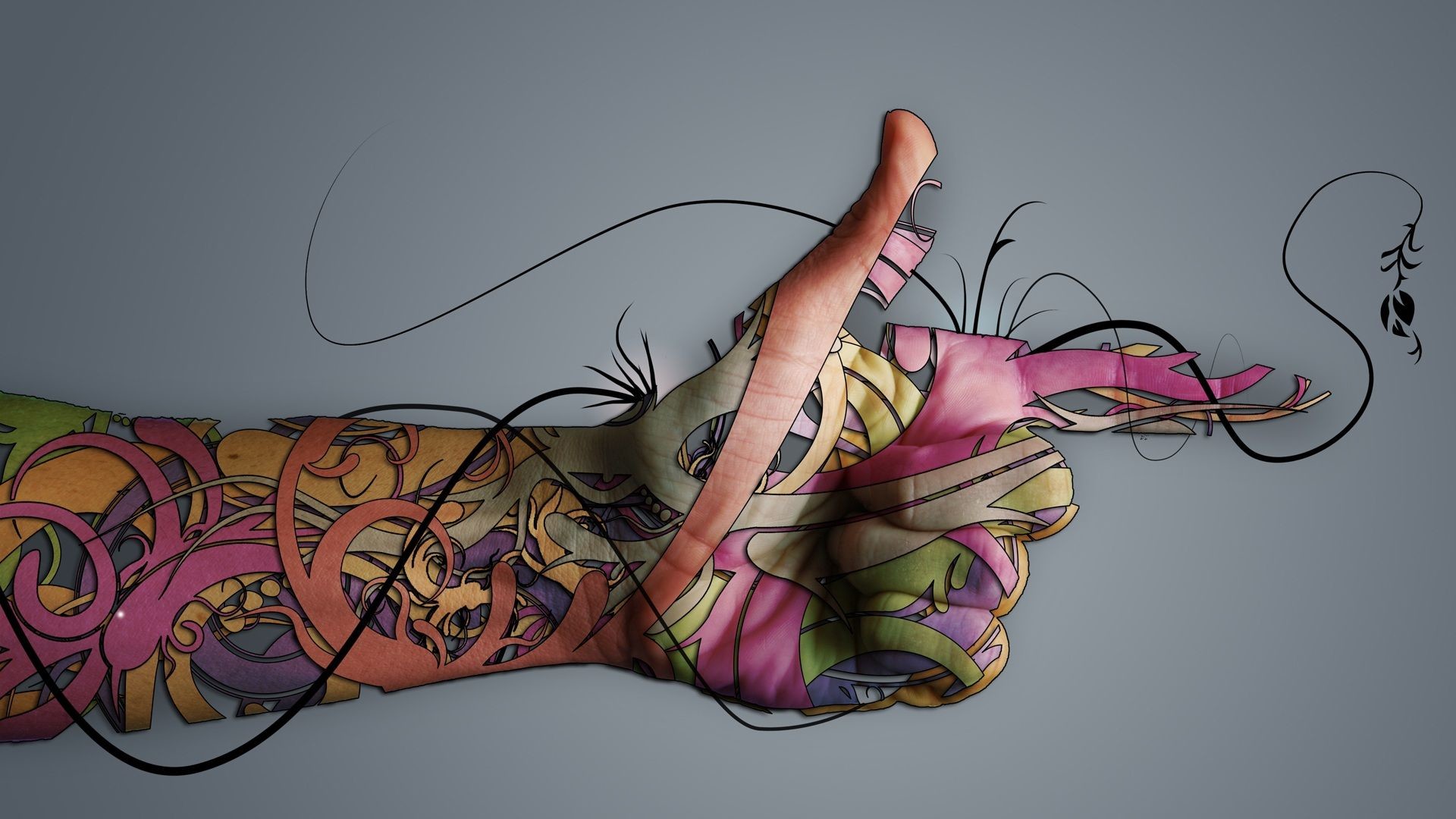 Braccio tatuato, Mano, Arte digitale, Colori, Full HD 1080p, sfondo desktop