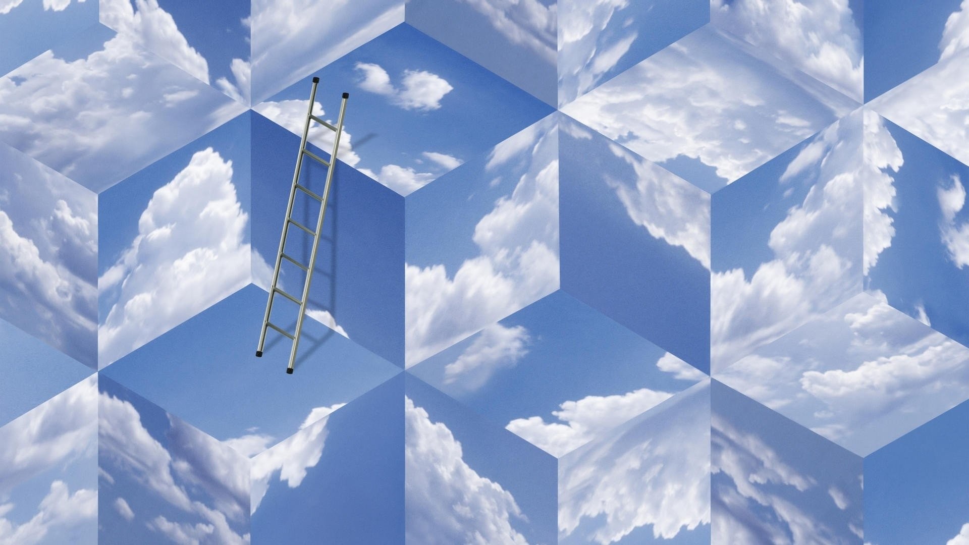 Scala, Cubi, Nuvole, Surrealismo, Full HD, sfondo per portatile