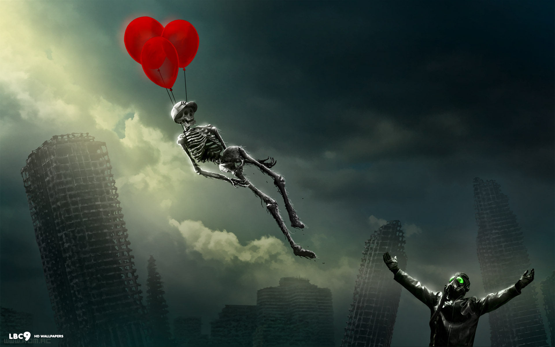 Scheletro, Palloncini a cuore, Rovine, Arte surreale, Cielo tempestoso, sfondo desktop 1920x1200