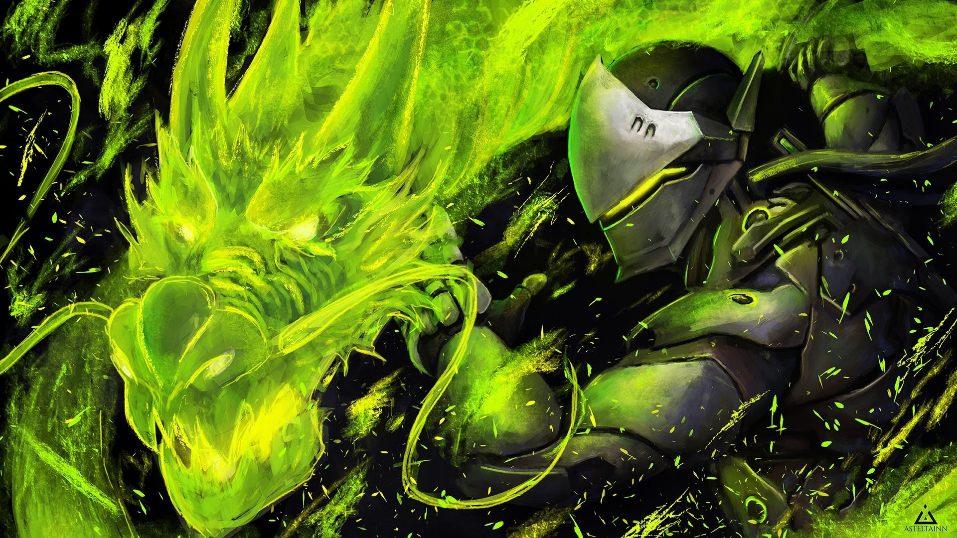Genji, Overwatch, Drago verde, Arte digitale, 1920x1080, sfondo per PC