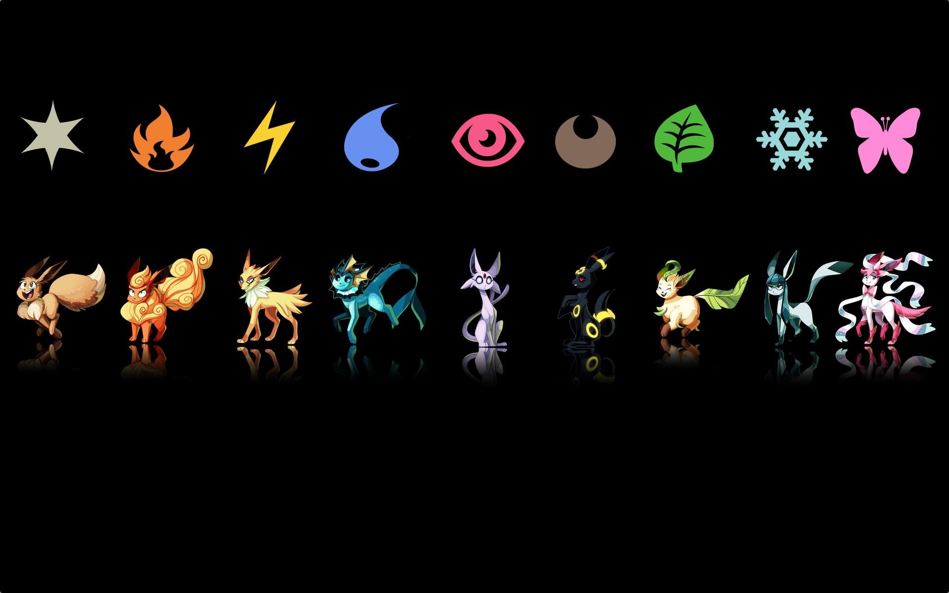 Eeveeluzioni, Umbreon, Eevee, Pokémon, Icone tipi, 1920x1200, sfondo per PC