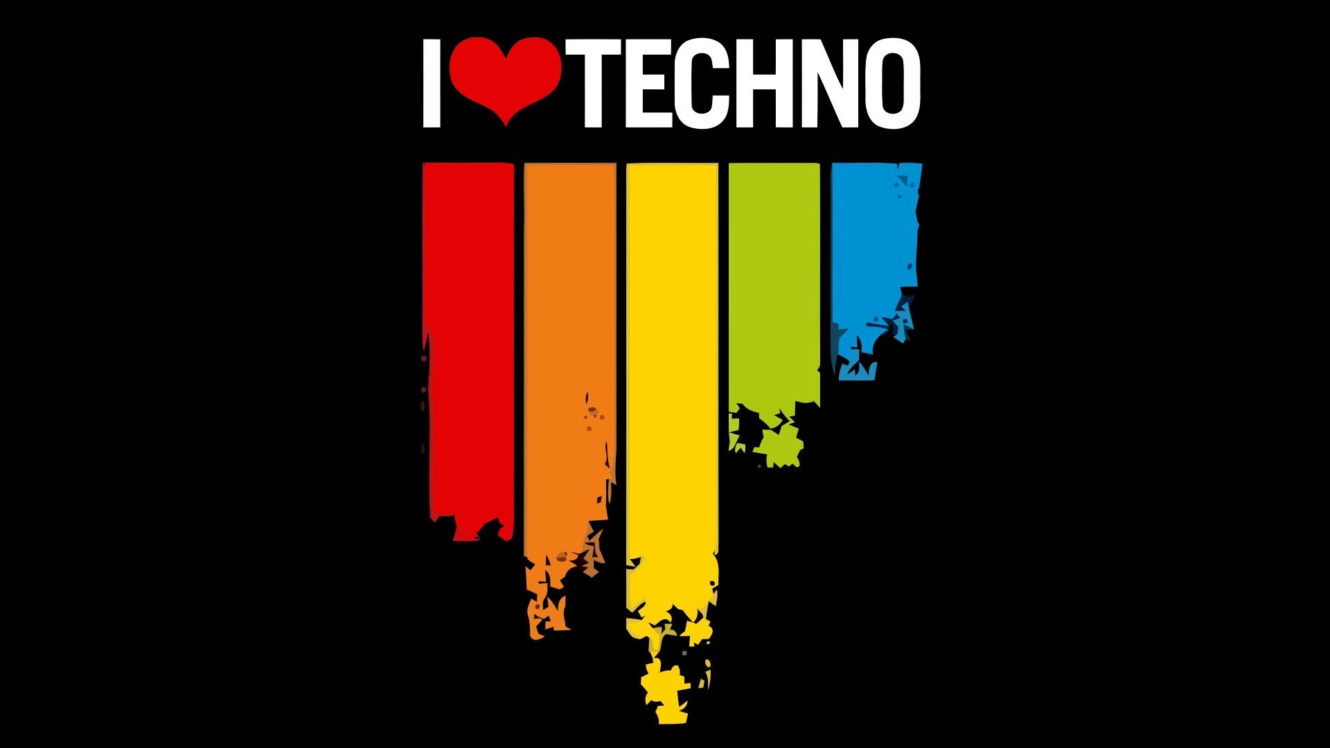 I Love Techno, Strisce arcobaleno, Sfondo nero, Full HD, wallpaper per portatile