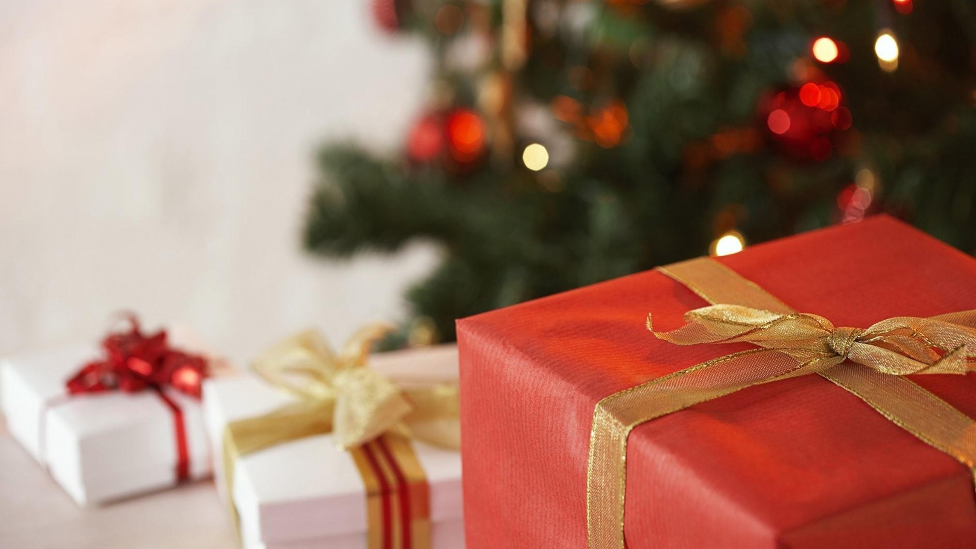 Regali, Albero di Natale, Rosso, Fiocco, Full HD, sfondo per PC