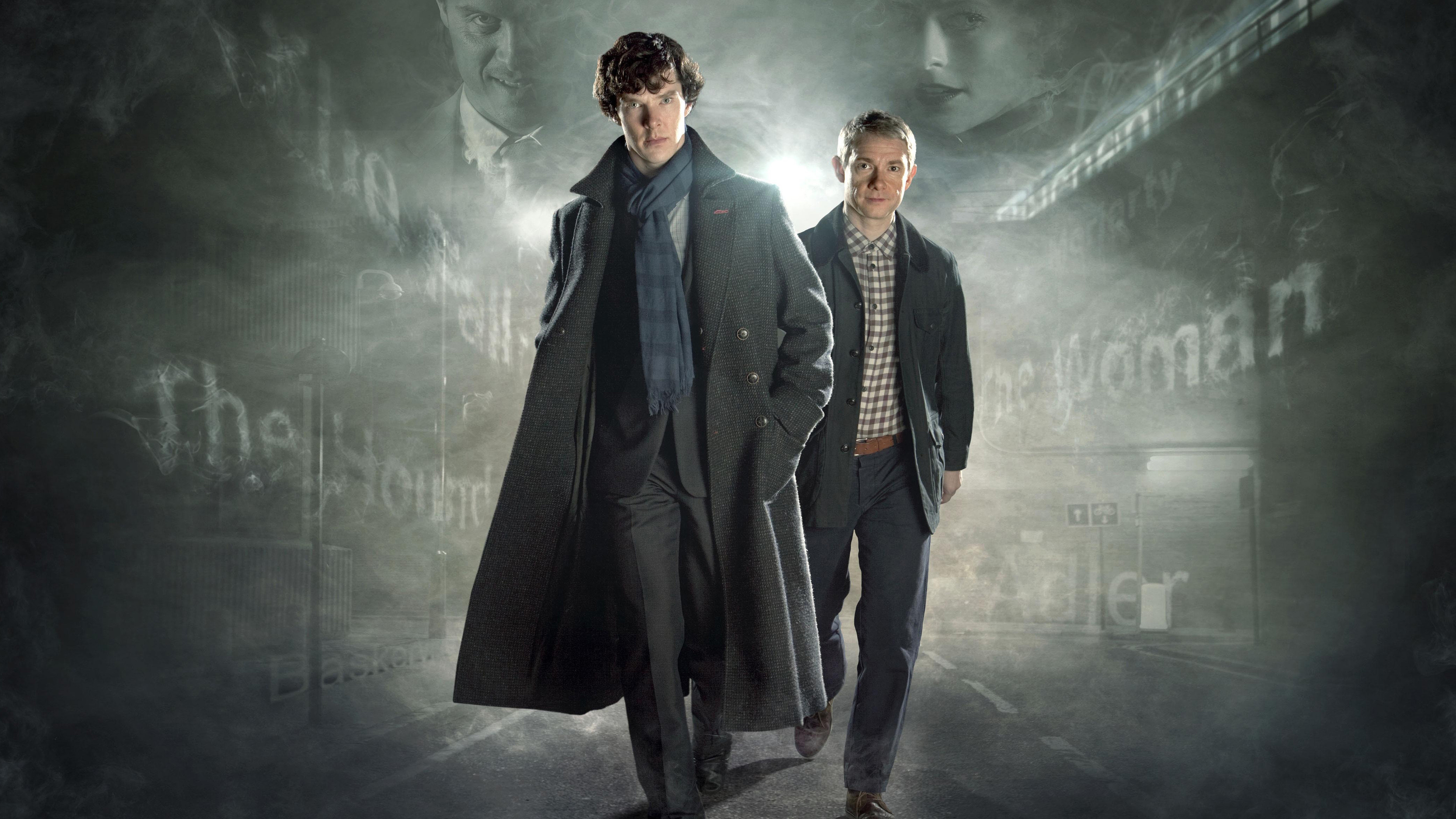 Sherlock Holmes, John Watson, Benedict Cumberbatch, Martin Freeman, Sherlock, Nebbia, sfondo 4K