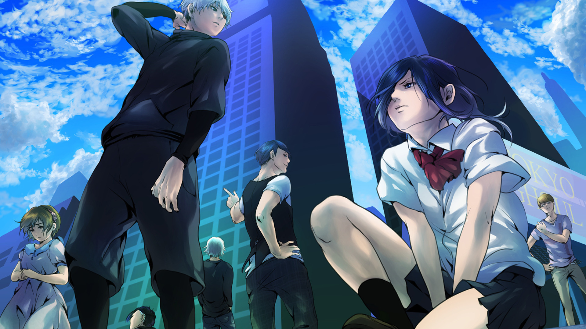 Tokyo Ghoul, Touka Kirishima, Ken Kaneki, Grattacieli, Cielo, Full HD, sfondo per PC