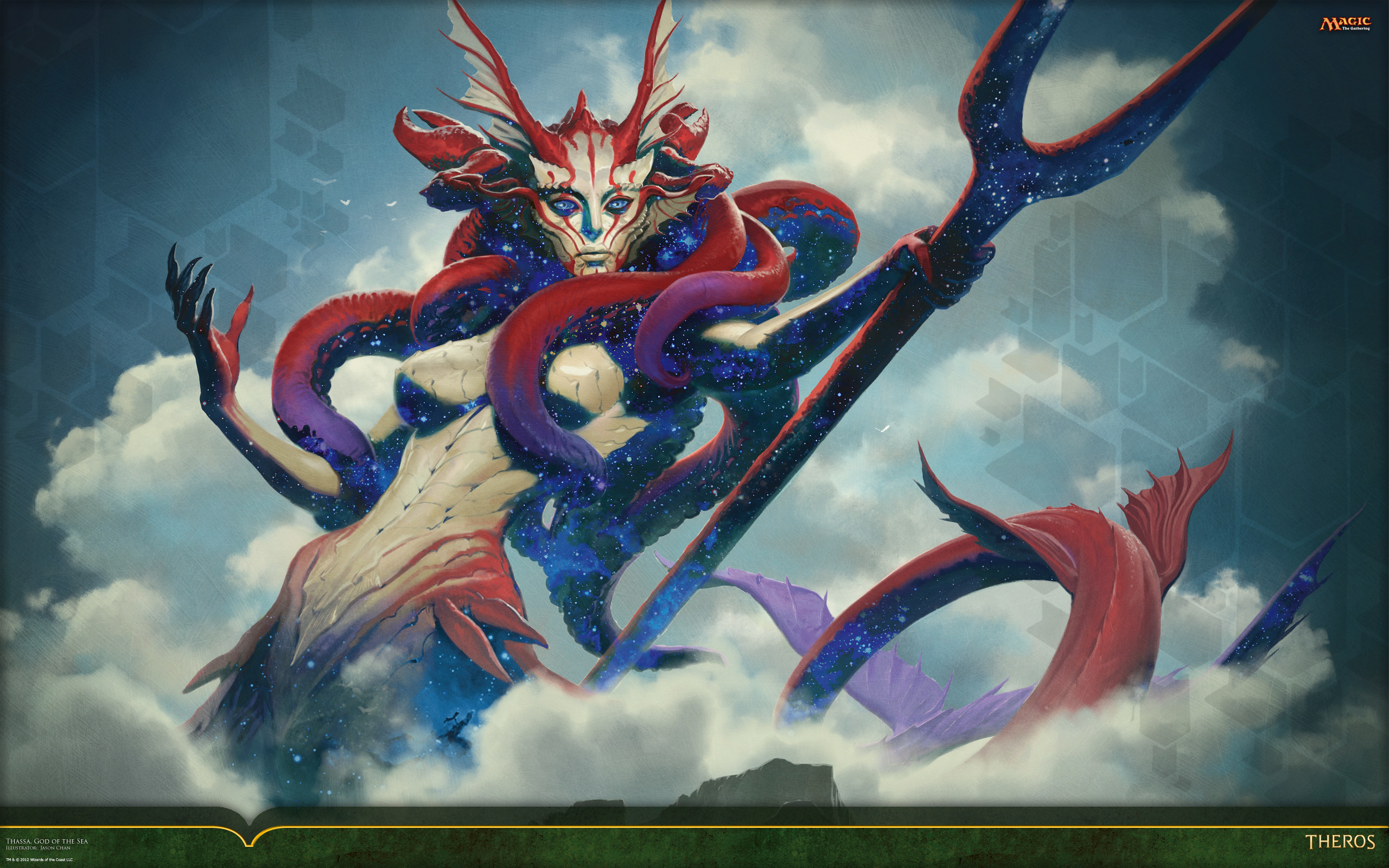 Theros, Magic: The Gathering, Creatura marina, Tridente, Nuvole, sfondo 16:10 2K