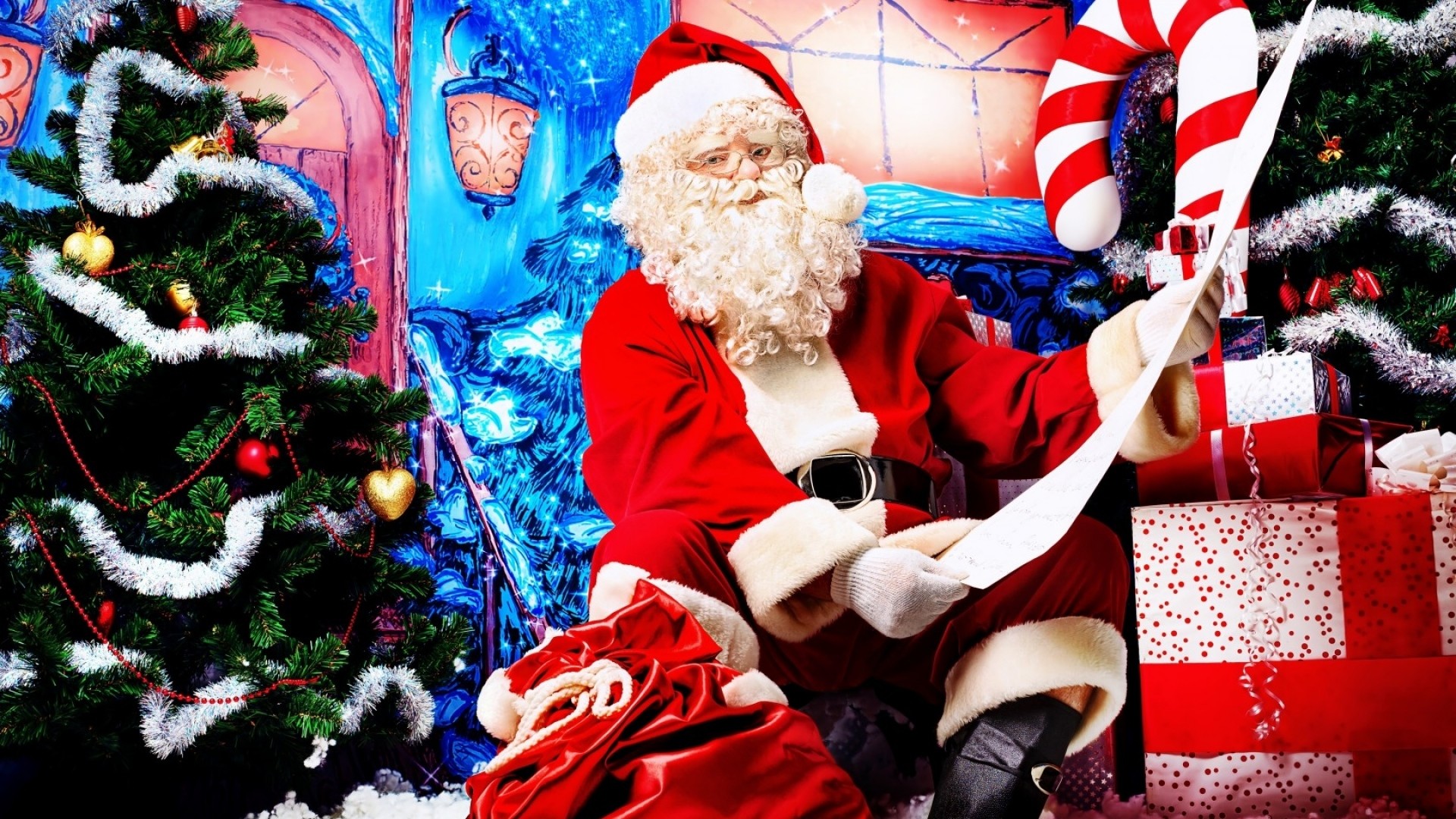 Babbo Natale, Lista dei regali, Albero di Natale, Regali, Bastoncino di zucchero, sfondo 1080p