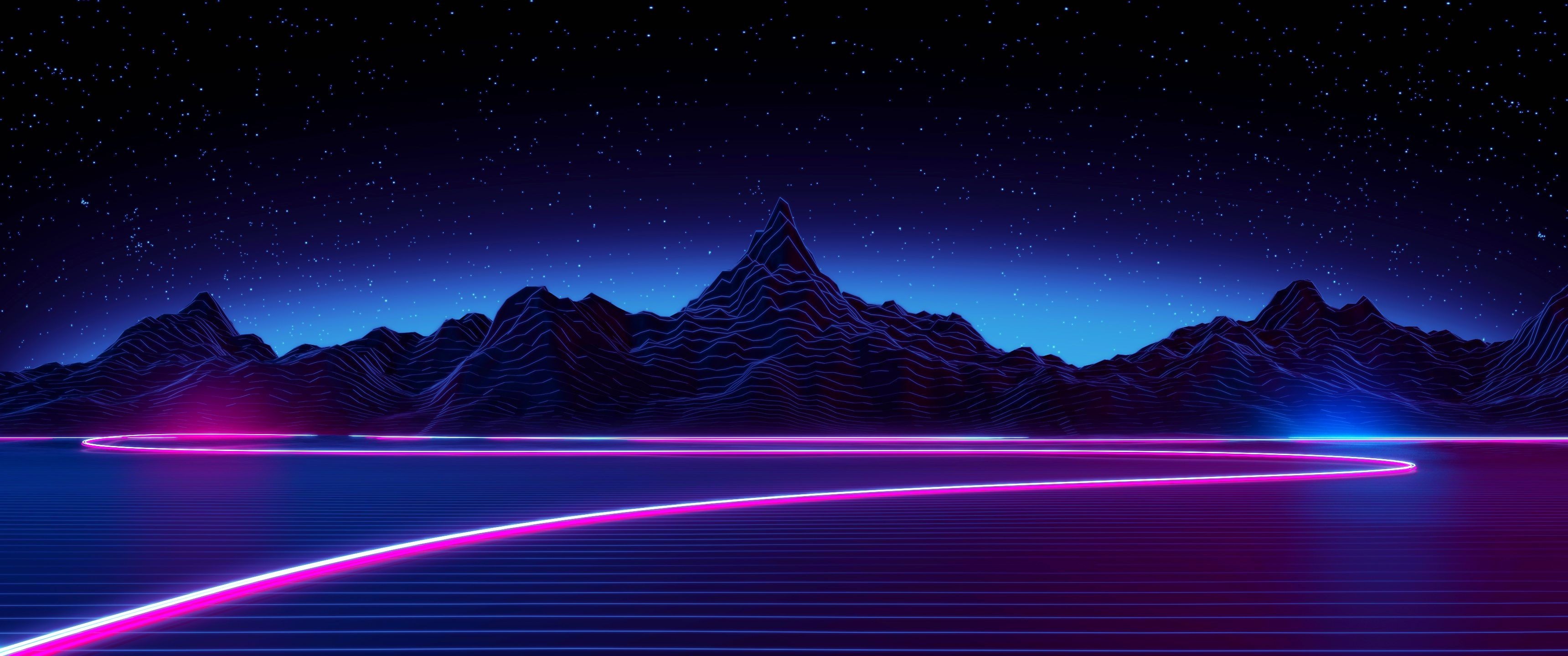 Retrowave, Montagne, Griglia, Viola, 2K 1440p, sfondo desktop