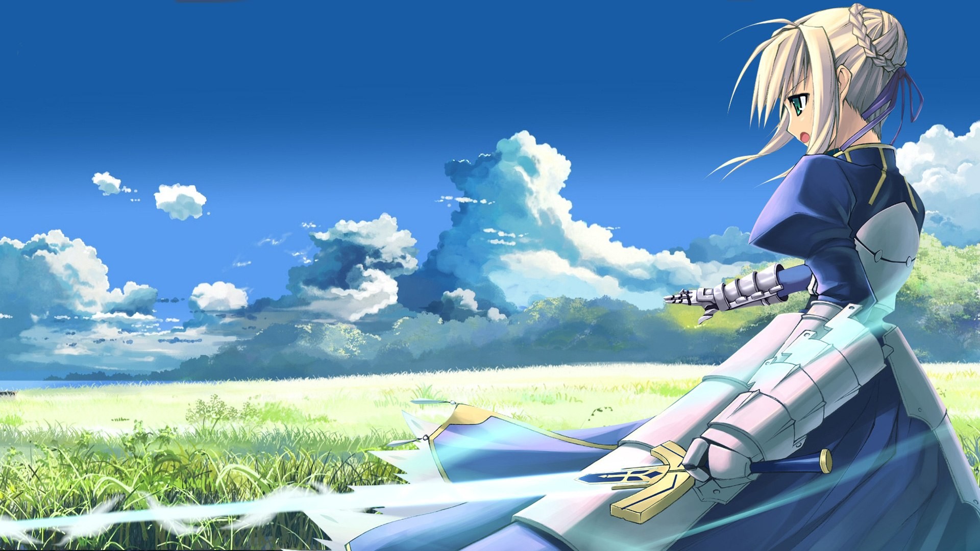 Saber, Fate/stay night, Armatura, Prato, Nuvole, Full HD, sfondo Windows 11