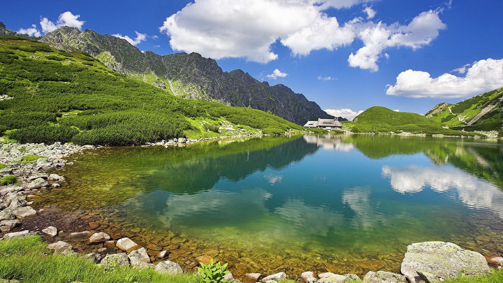 Lago alpino, Montagne, Prato verde, Riflesso, Cielo azzurro, 1920x1080, immagine di sfondo