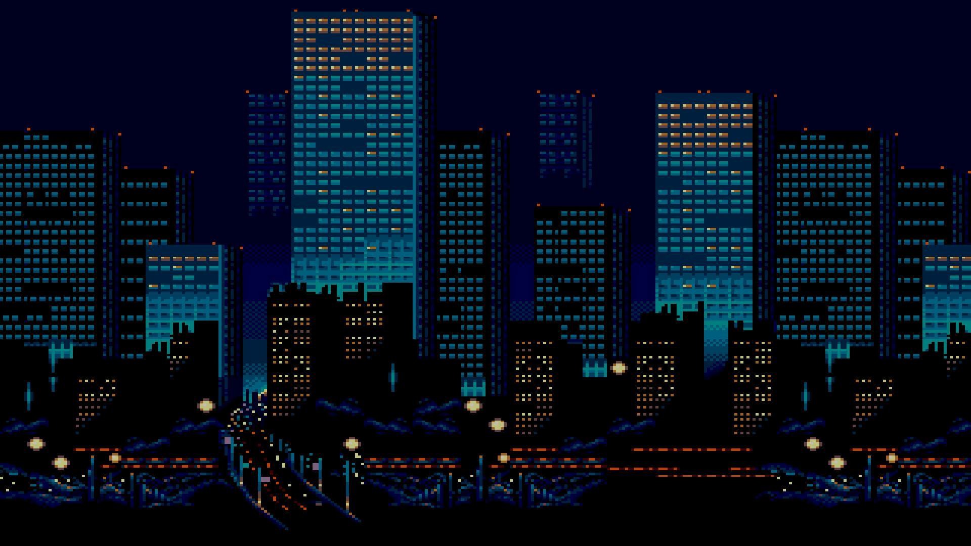 Pixel art, Città notturna, Grattacieli, Ponte, Blu, 16:9 Full HD, sfondo widescreen