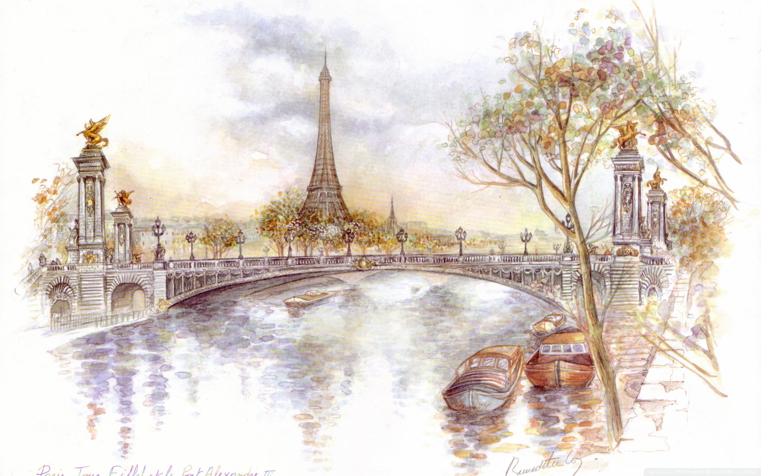Torre Eiffel, Pont Alexandre III, Acquerello, Senna, 2K, sfondo per PC