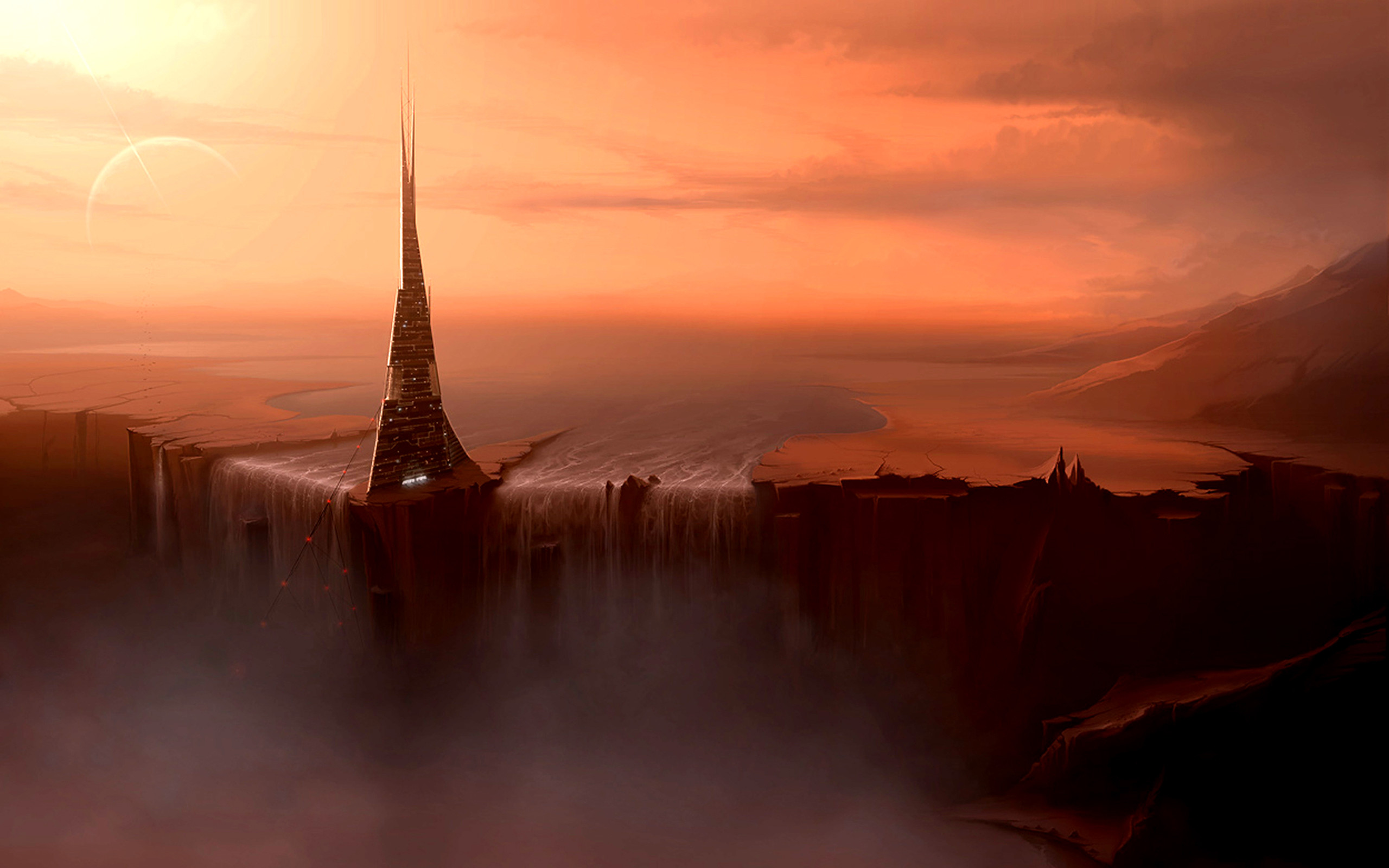 Paesaggio fantasy, Guglia, Nebbia, Cielo arancione, 2560x1600, wallpaper desktop