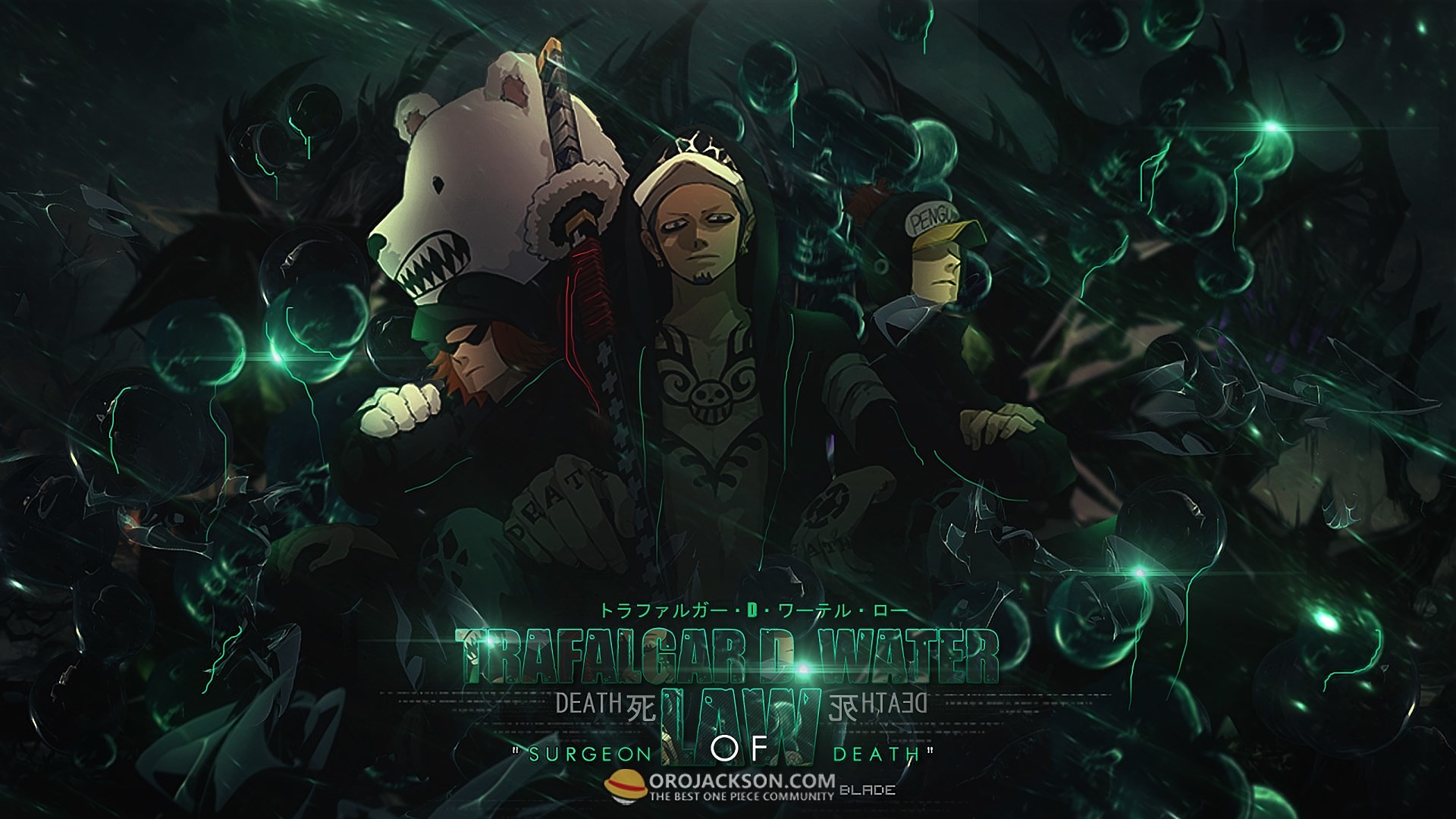 Trafalgar Law, Bepo, One Piece, Verde, 16:9 Full HD, wallpaper widescreen