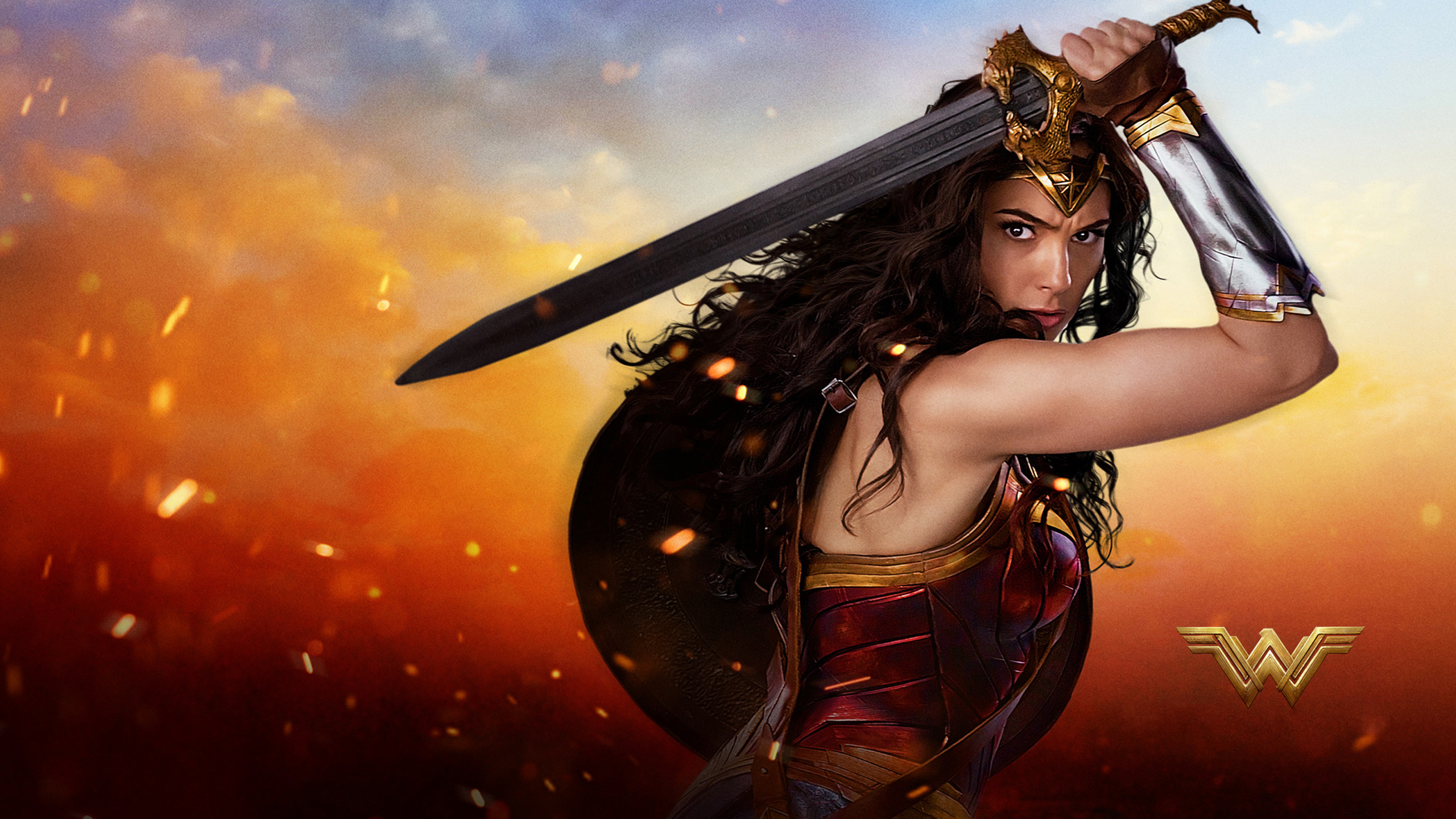 Wonder Woman, Gal Gadot, Spada, Scudo, Logo WW, 16:9 2K, wallpaper widescreen