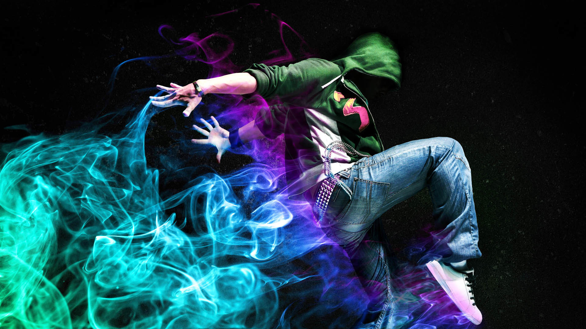 Ballerino hip hop, Fumo colorato, Sfondo nero, 16:9 Full HD, wallpaper widescreen