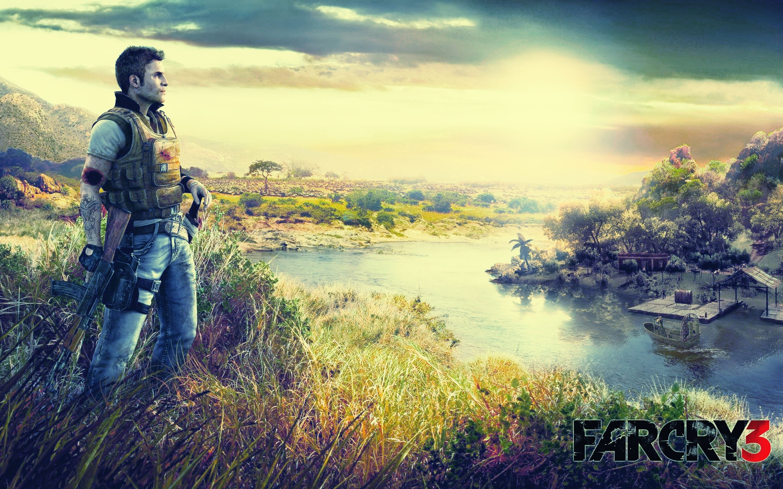 Far Cry 3, Mercenario, Lago, Paesaggio, Logo, 2560x1600, sfondo per PC