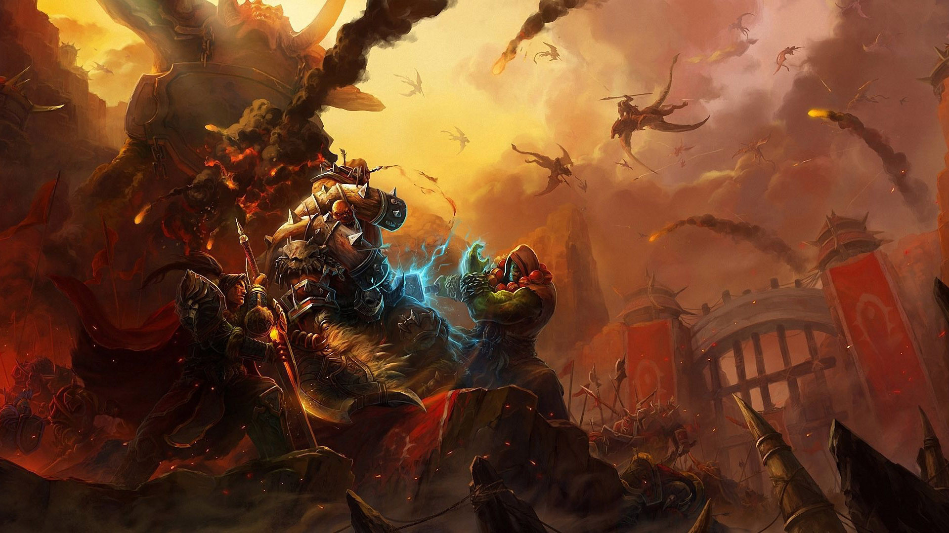 Warcraft, Orchi, Battaglia, Assedio, Cielo arancione, Full HD, sfondo per PC
