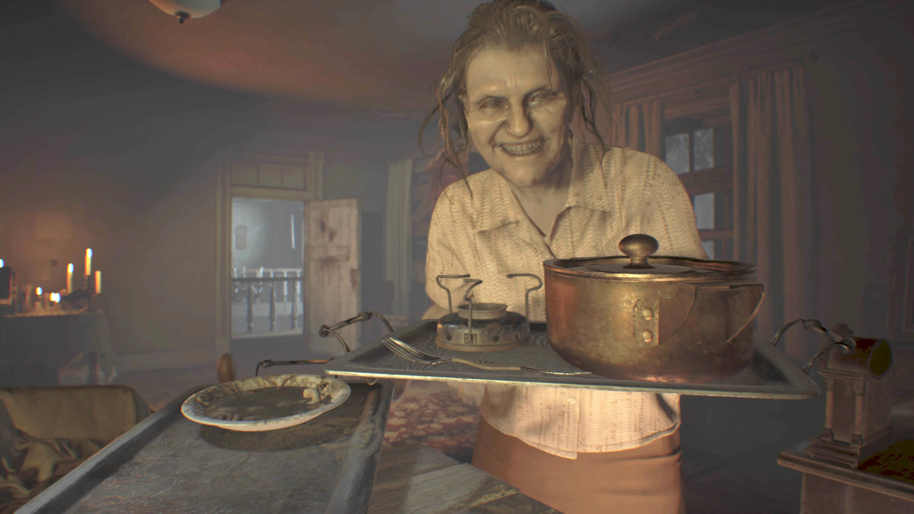 Resident Evil 7: Biohazard, Marguerite Baker, Cena, Pentola, Horror, sfondo 4K per computer