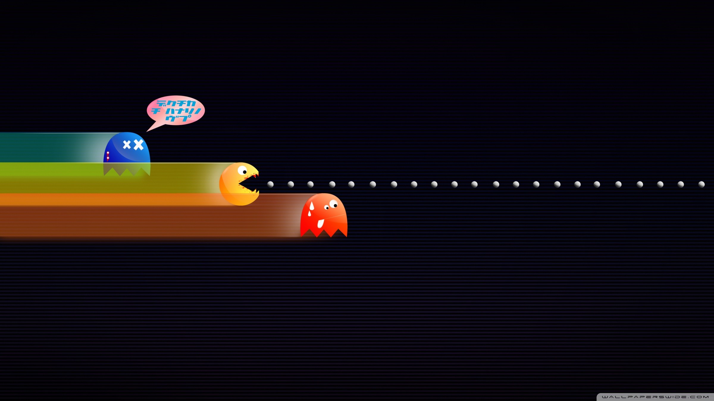 Pac-Man, Fantasmi, Scia arcobaleno, Puntini, Sfondo scuro, Full HD, wallpaper per computer
