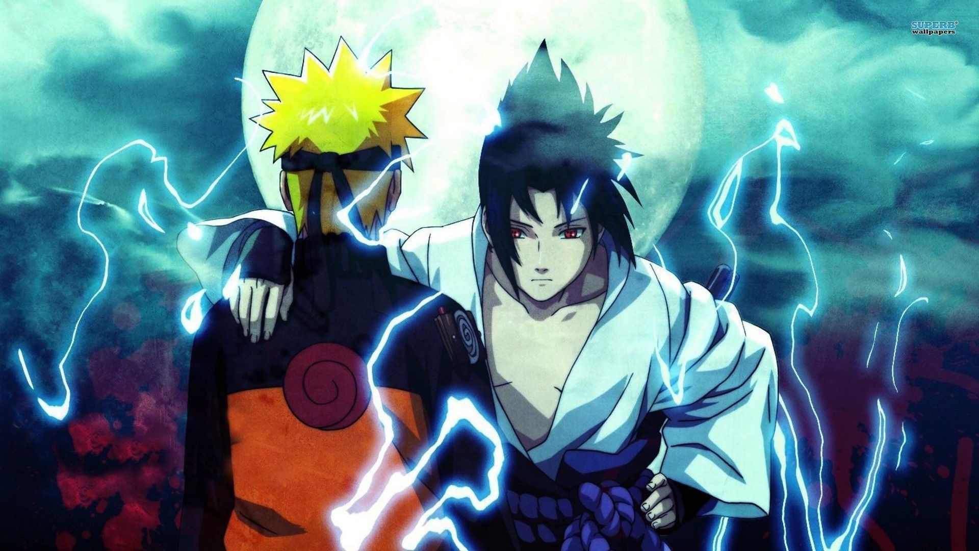 Naruto Uzumaki, Sasuke Uchiha, Naruto Shippuden, Fulmine, Luna, Full HD 1080p, sfondo desktop