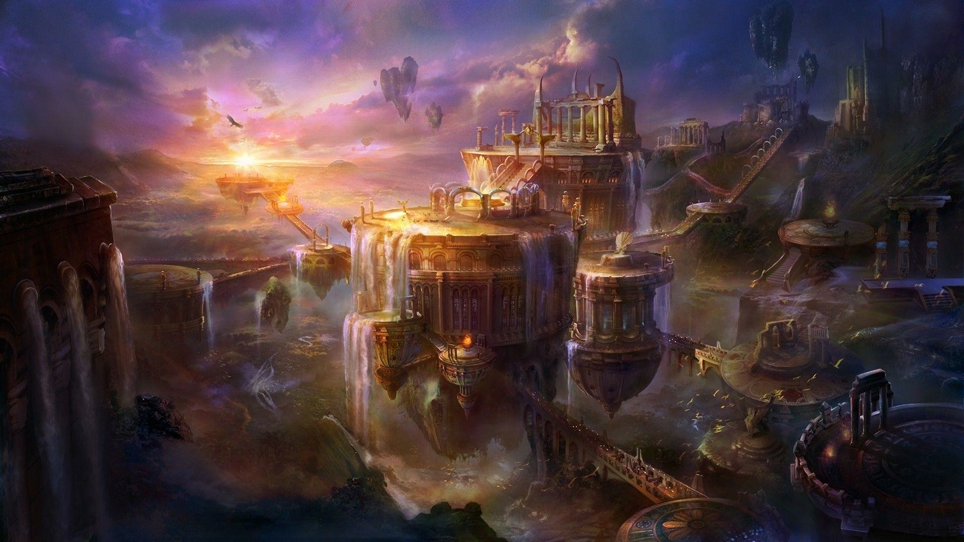Città fantastica, Isole fluttuanti, Tramonto, Arte digitale, Full HD, wallpaper desktop