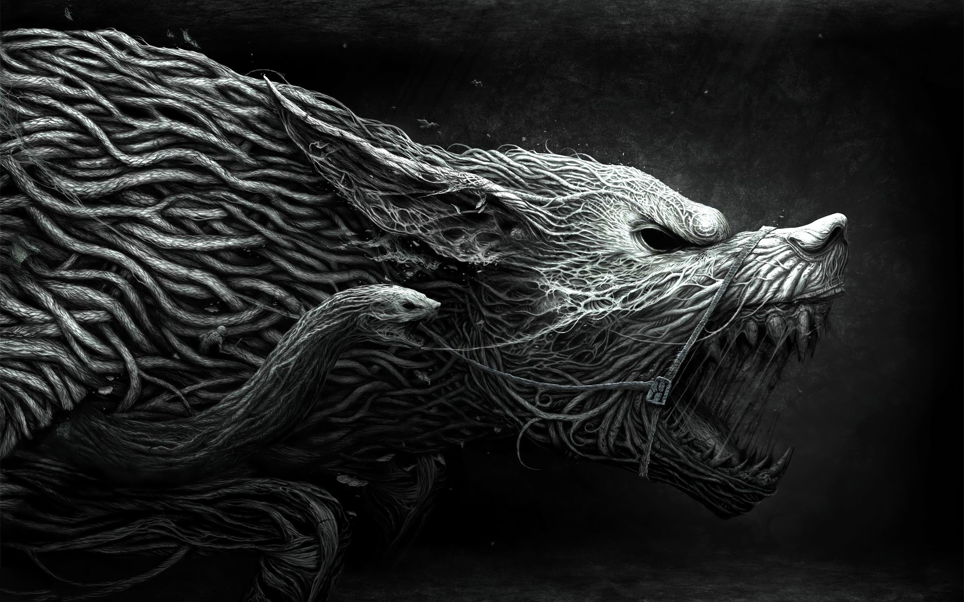 Lupo mostruoso, Fauci, Bianco e nero, Illustrazione, 1920x1200, immagine di sfondo