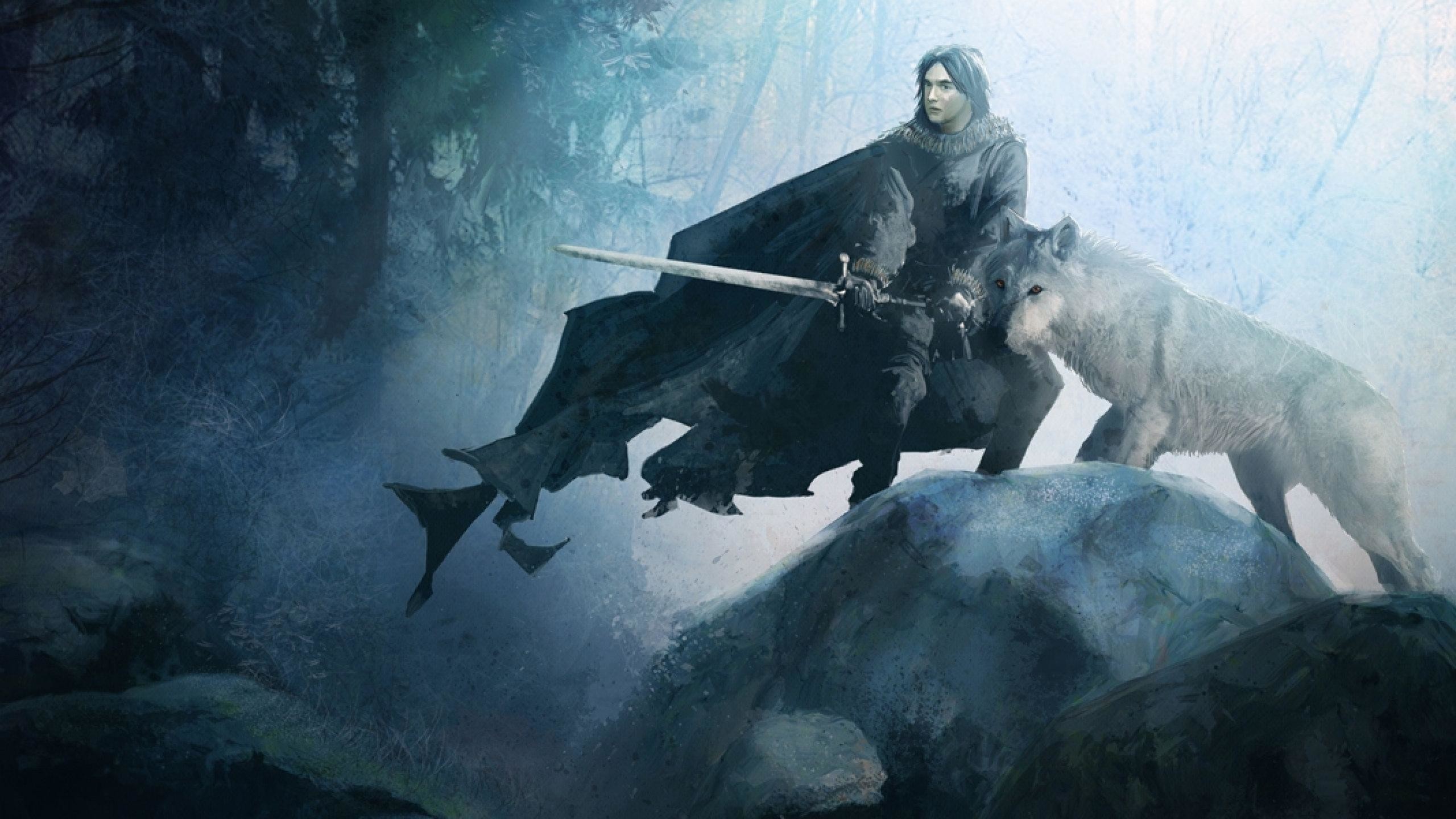 Jon Snow, Spettro, Il Trono di Spade, Fan art, Foresta, 2K 1440p, sfondo desktop