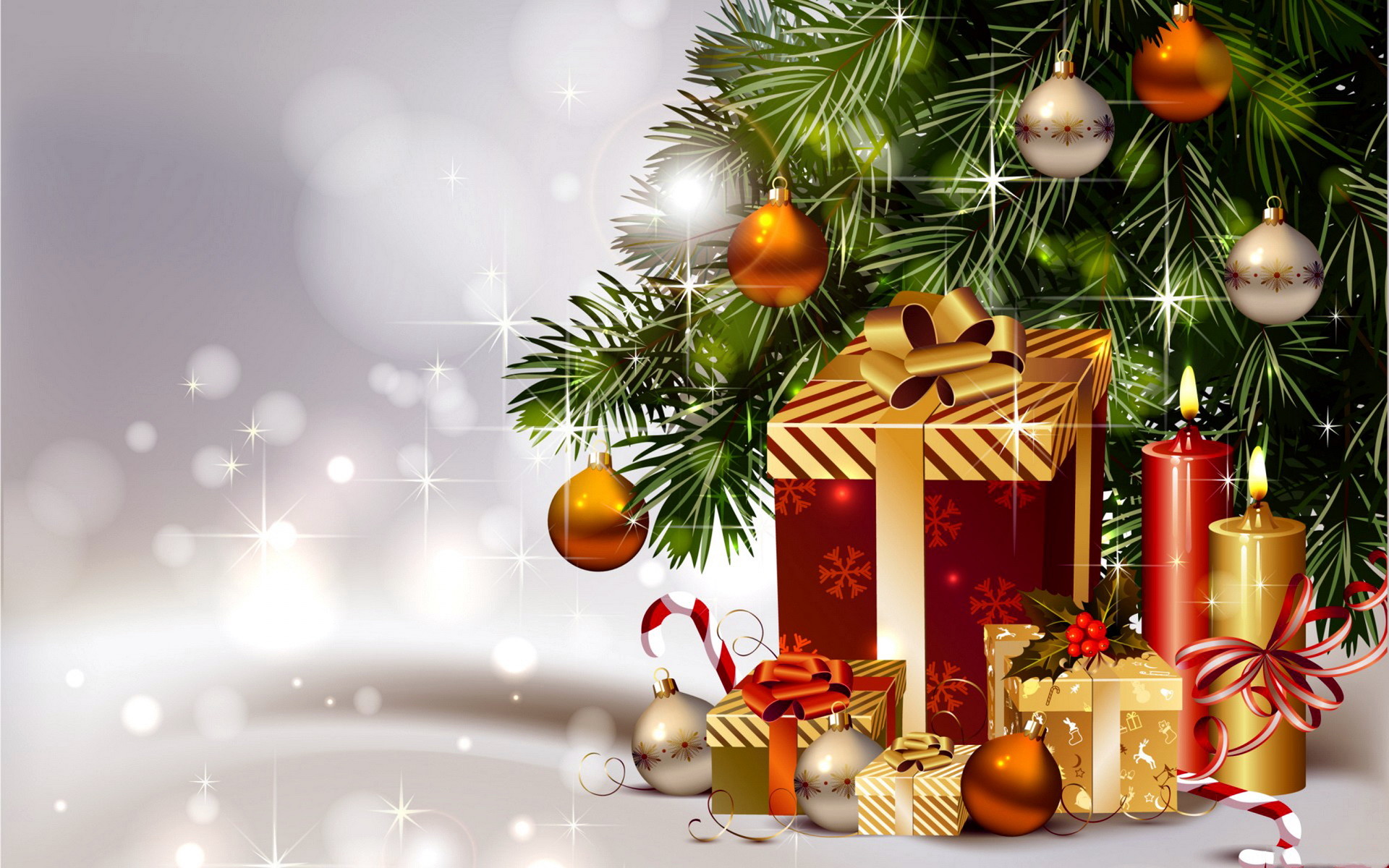 Natale, Albero di Natale, Regali, Candele, Palline natalizie, Full HD, wallpaper per portatile