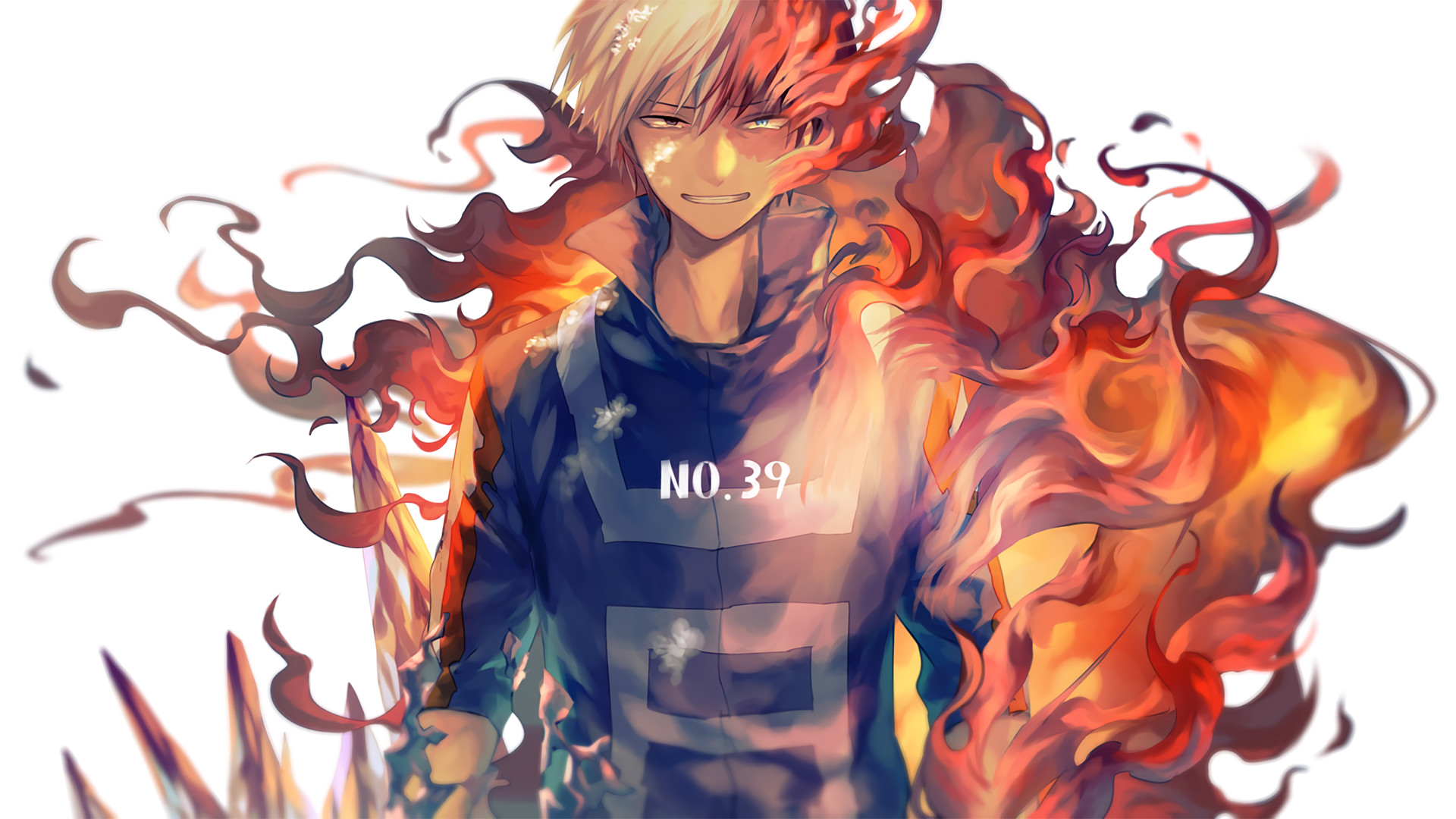 Shoto Todoroki, My Hero Academia, Fiamme, Uniforme sportiva, Sfondo bianco, wallpaper 1920x1080