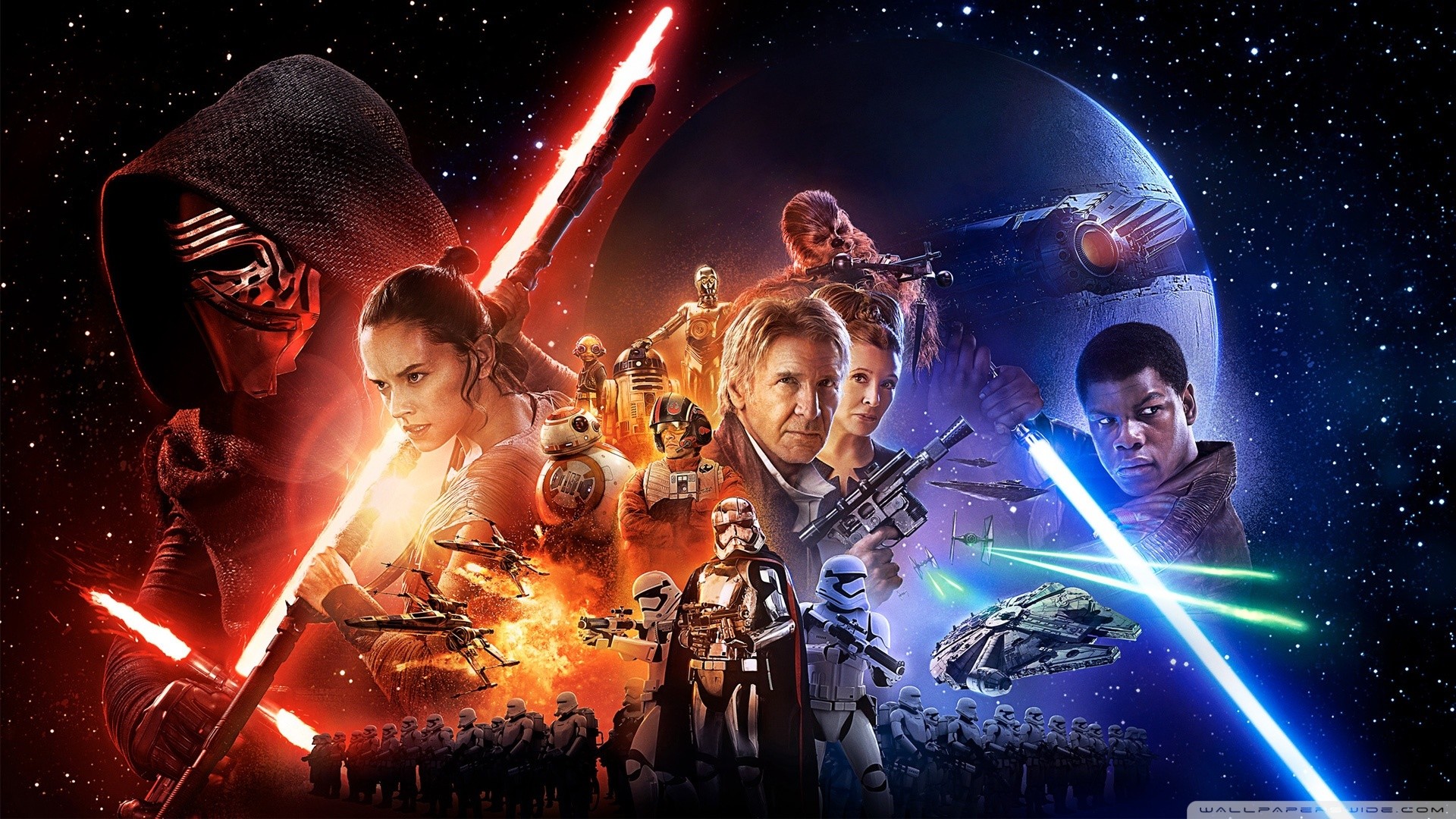 Kylo Ren, Rey, Han Solo, Finn, Star Wars: Il risveglio della Forza, Poster, sfondo widescreen Full HD