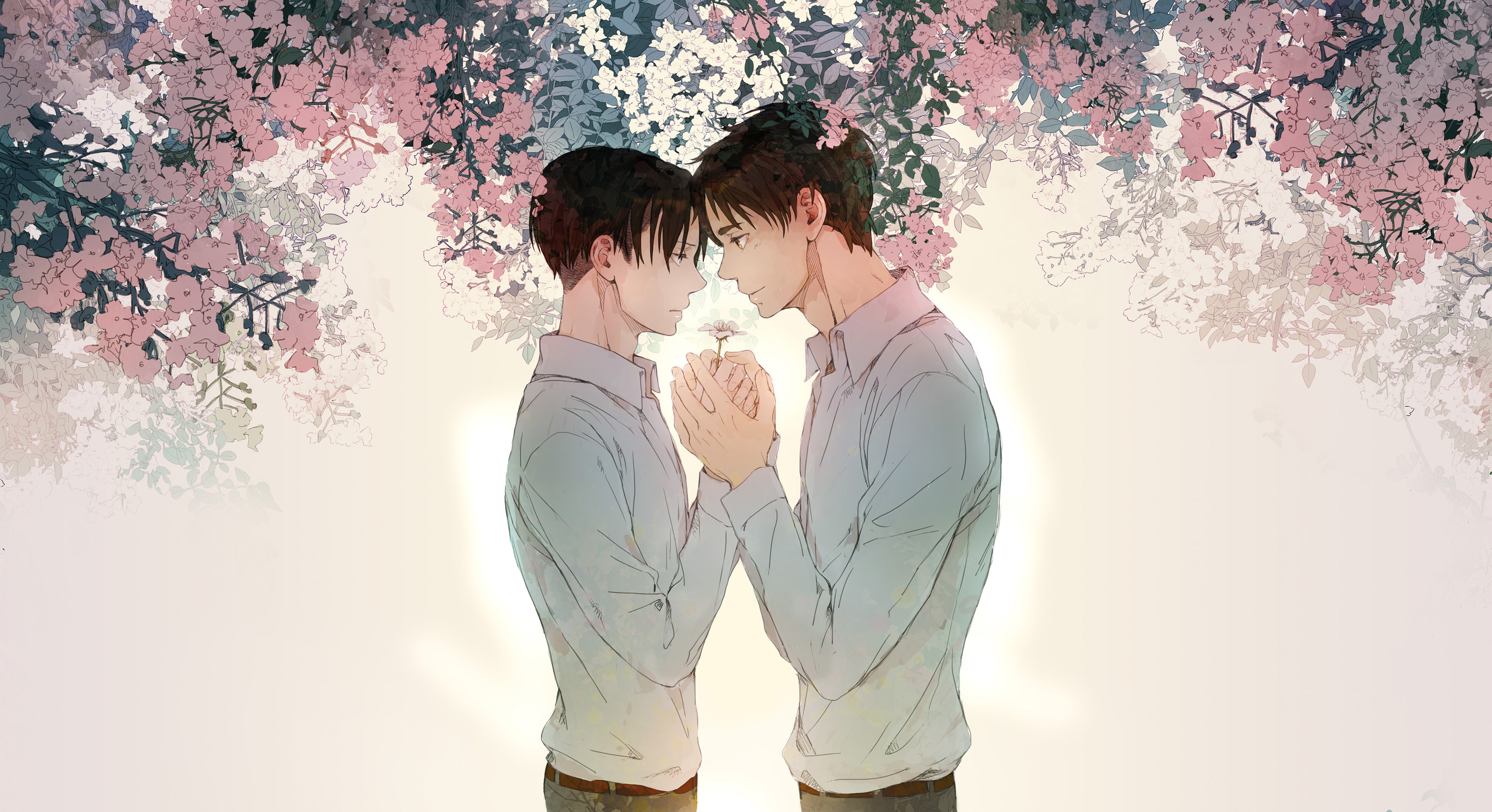 Levi Ackerman, Eren Jaeger, Fiori di ciliegio, Fan art, 2K, sfondo desktop