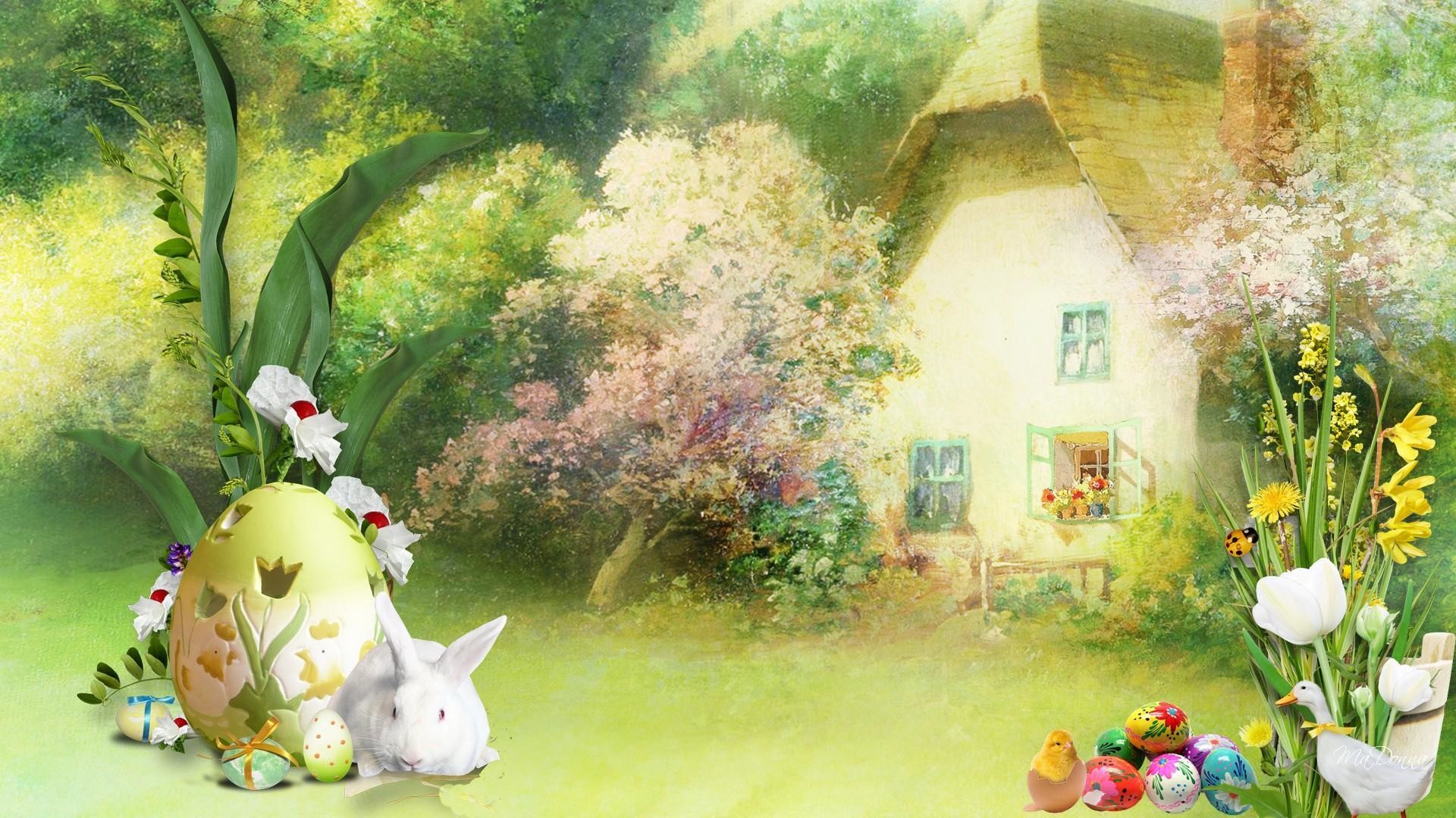 Coniglietto, Uovo decorato, Cottage, Giardino, 16:9 Full HD, wallpaper widescreen