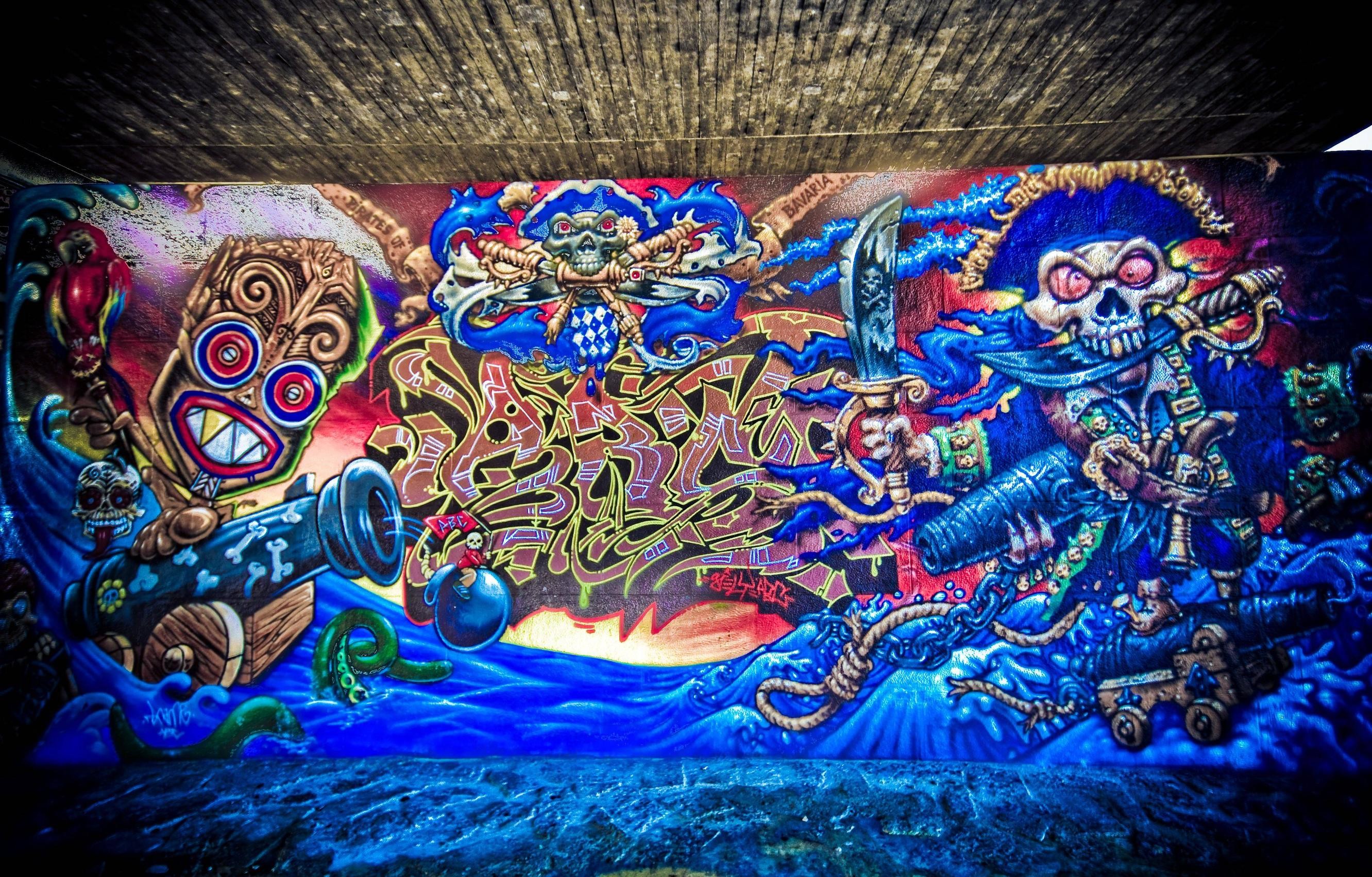 Murale, Teschi, Graffiti, Colori vivaci, Blu, 2K, sfondo per PC