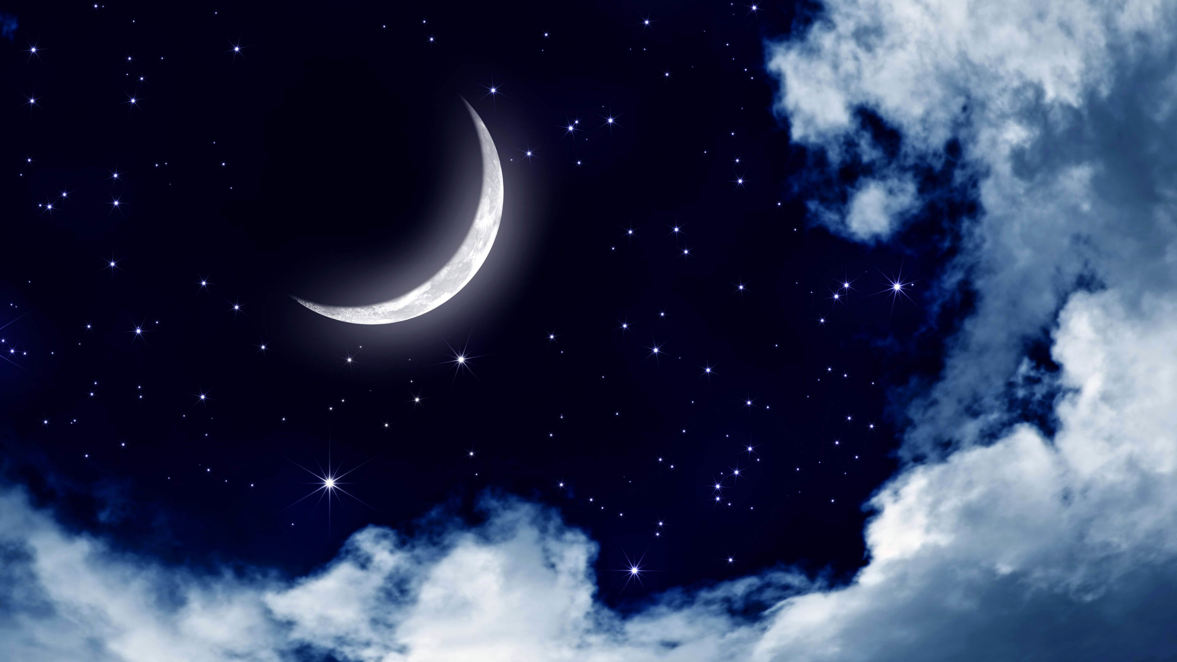 Luna crescente, Stelle, Nuvole, Cielo notturno, 4K, sfondo per PC