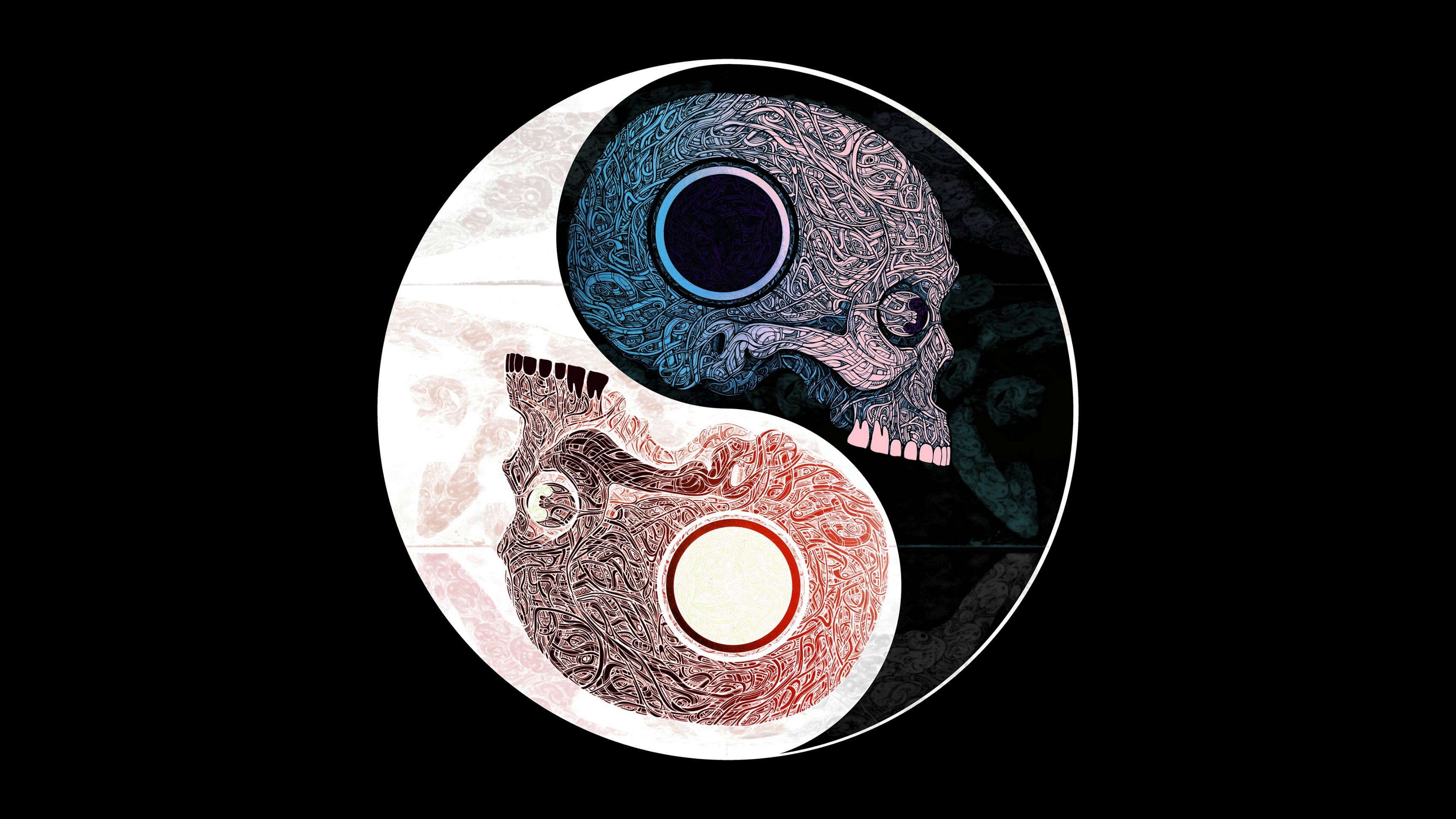 Yin e yang, Teschi, Arte decorativa, Sfondo nero, 2K, wallpaper per portatile