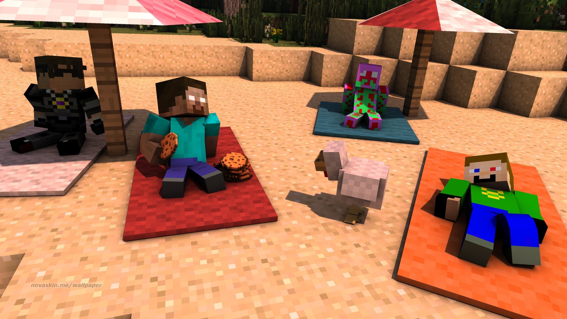 Minecraft, Skin, Spiaggia, Ombrelloni, Asciugamani, 1920x1080, immagine di sfondo