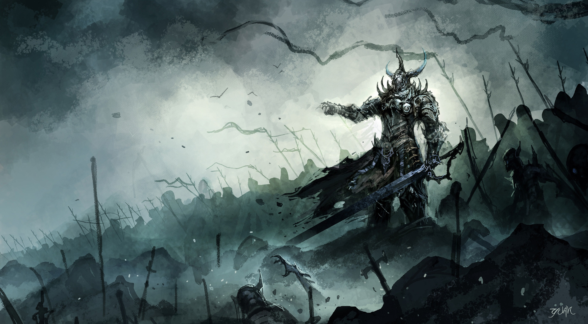 Cavaliere, Battaglia, Arte fantasy, Nebbia, Full HD, sfondo Windows 11