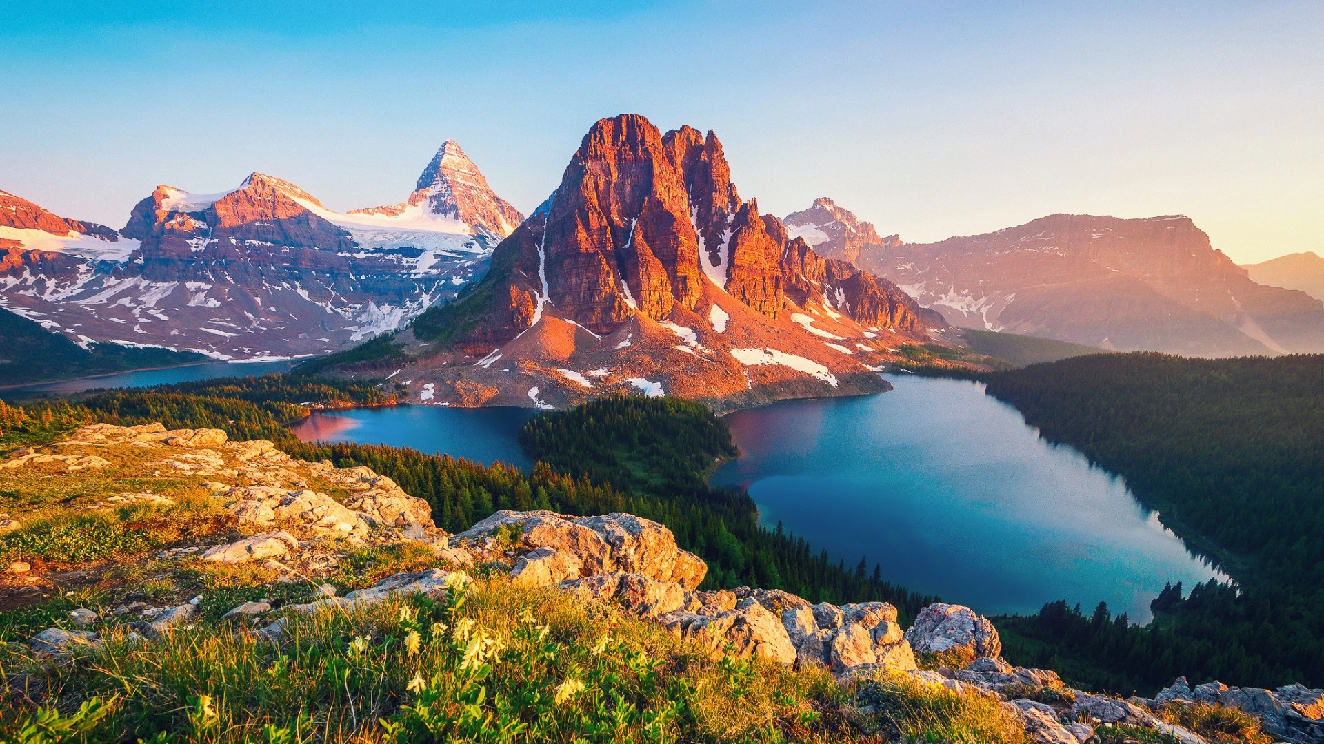 Monte Assiniboine, Canada, Lago, Montagne, Alba, 16:9 Full HD, sfondo widescreen