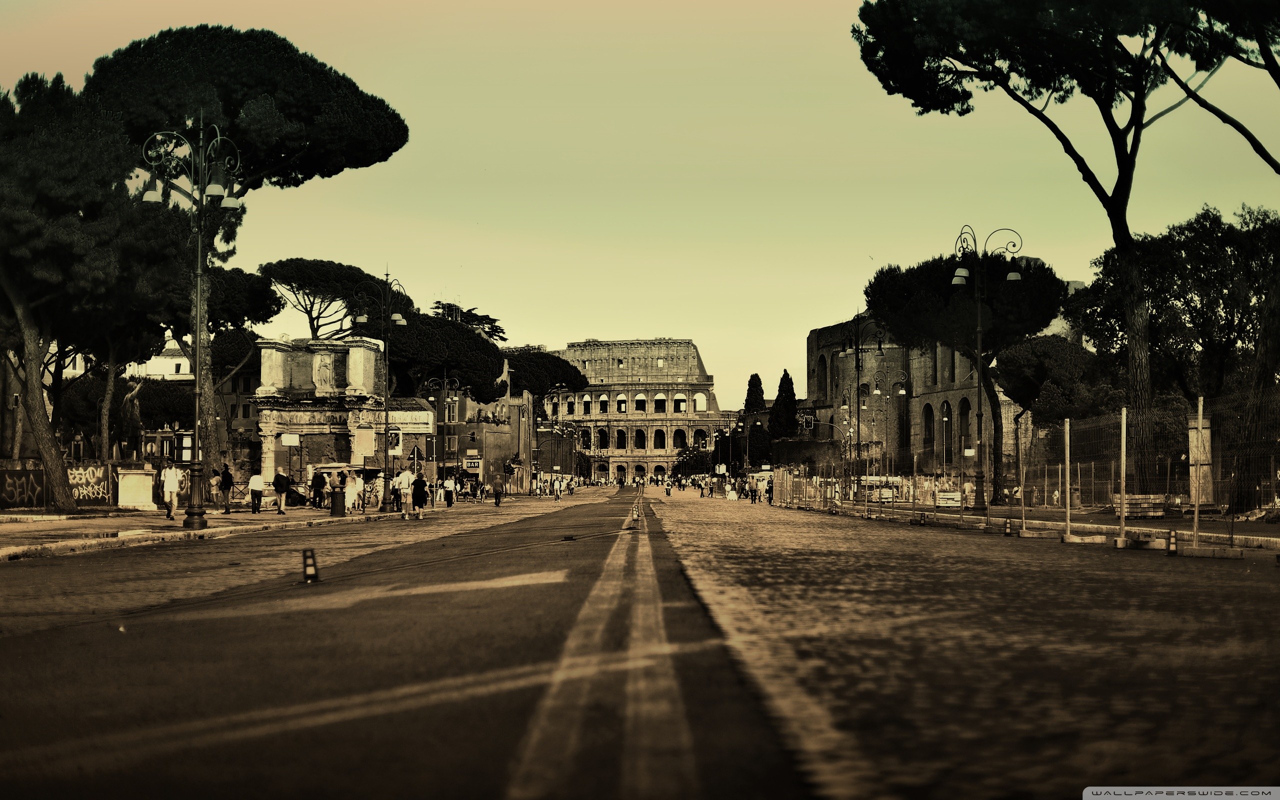 Via dei Fori Imperiali, Colosseo, Pini, Roma, Toni vintage, 2K, wallpaper per computer