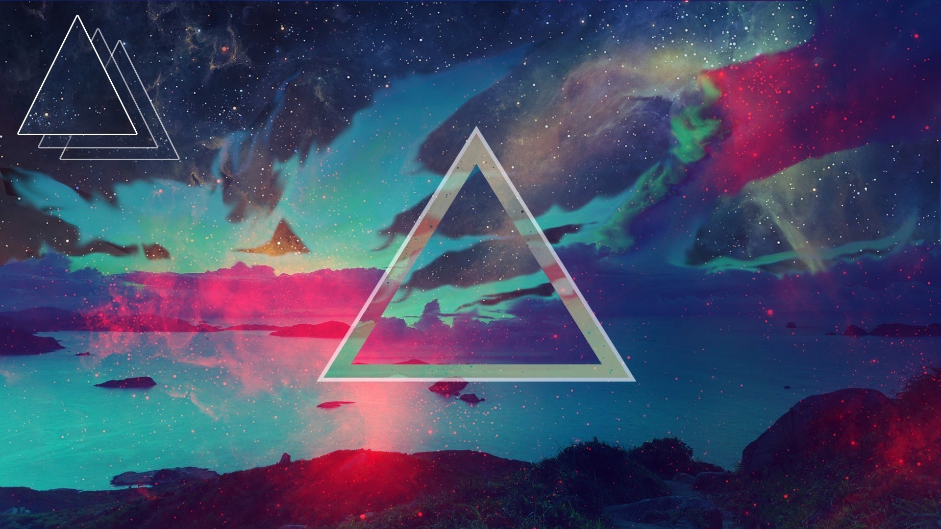Triangolo, Aurora, Spazio, Colori neon, Full HD, sfondo per portatile