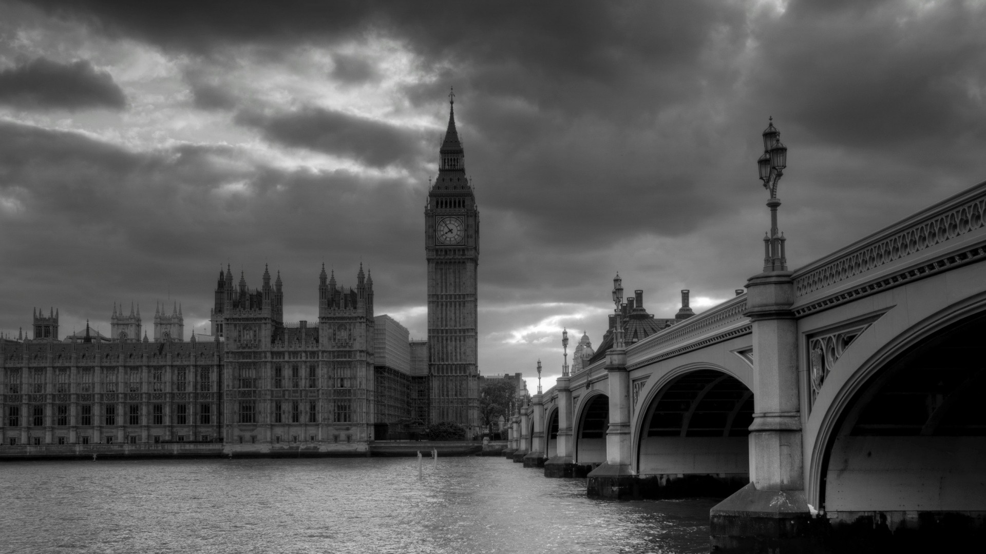 Big Ben, Ponte di Westminster, Londra, Bianco e nero, Full HD, wallpaper per PC