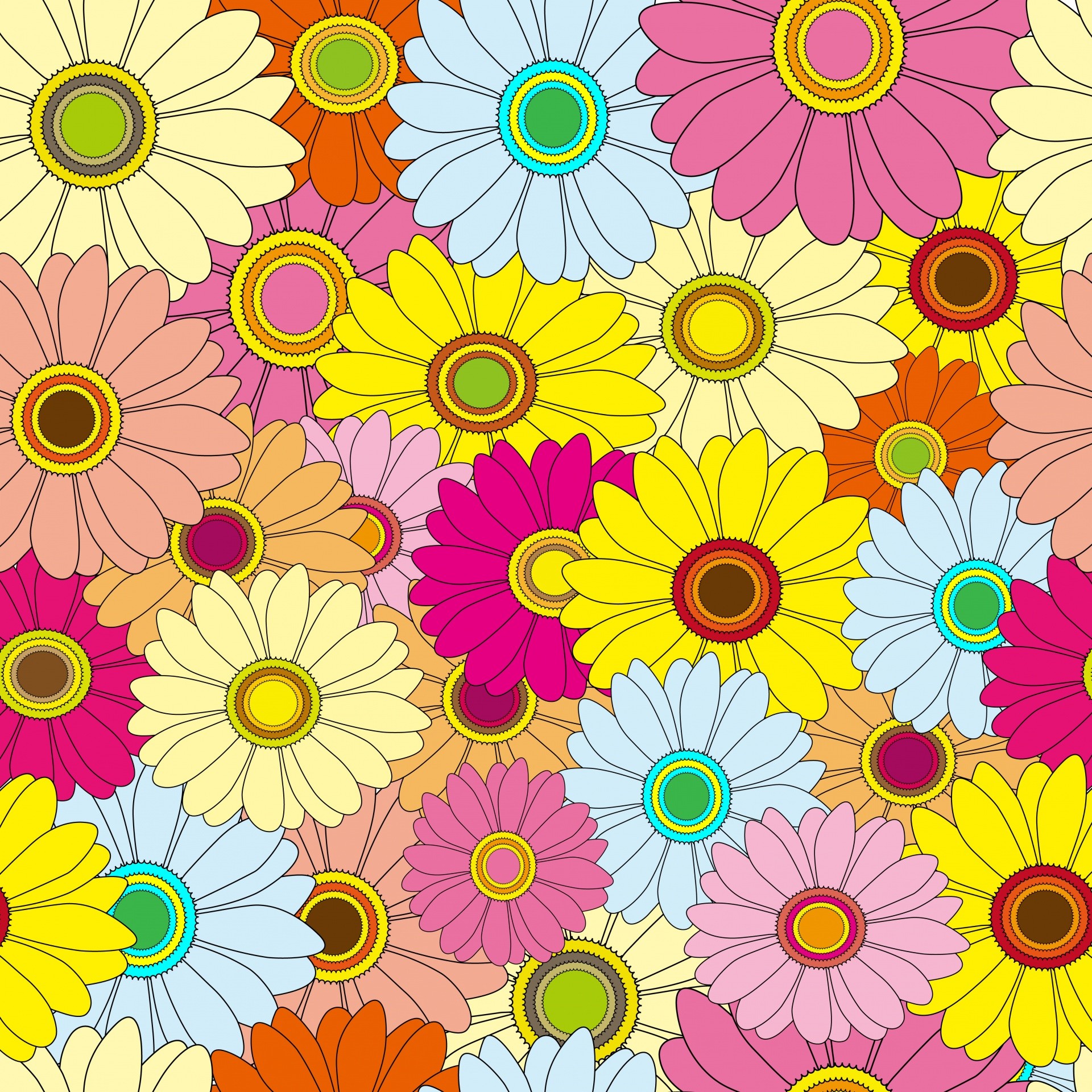 Margherite, Fiori pop, Colorato, Anni '70, sfondo per iPad e tablet