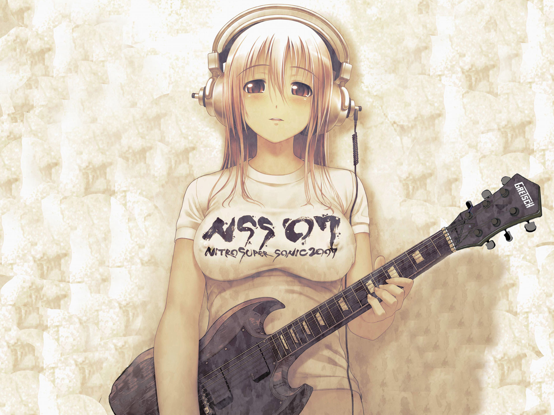 Super Sonico, Chitarra elettrica, Cuffie, Sfondo beige, Full HD, schermata di blocco iPad