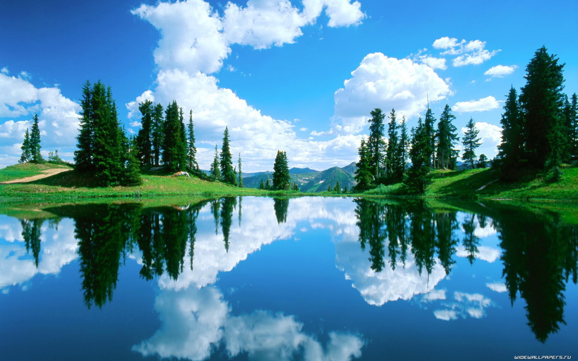 Lago, Abeti, Riflesso, Nuvole, Full HD, sfondo per il tuo desktop