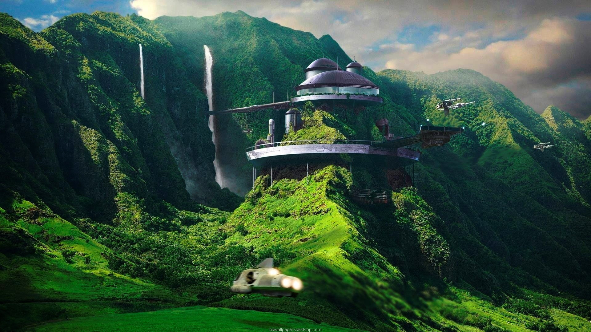 Casa futuristica, Montagne verdi, Cascate, Fantascienza, Full HD, sfondo per PC e portatile