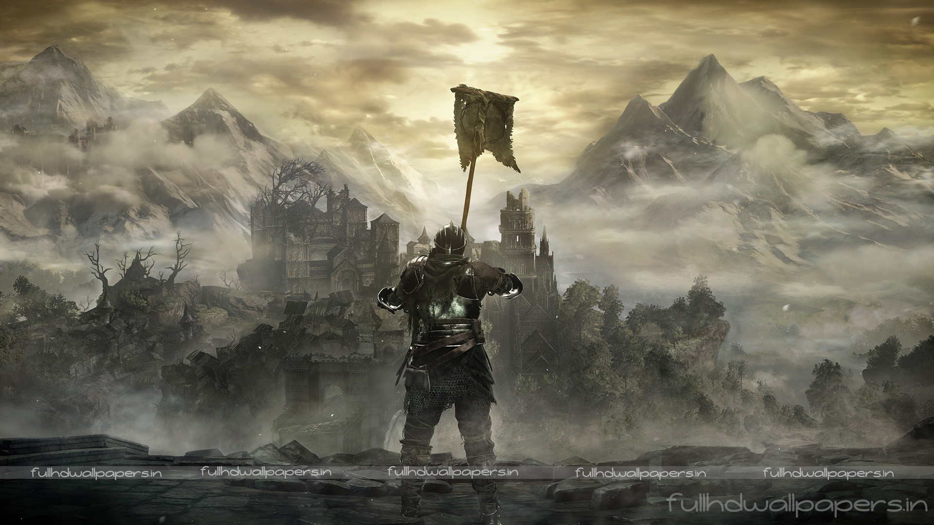 Dark Souls III, Cavaliere, Stendardo, Montagne, 1920x1080, sfondo per PC